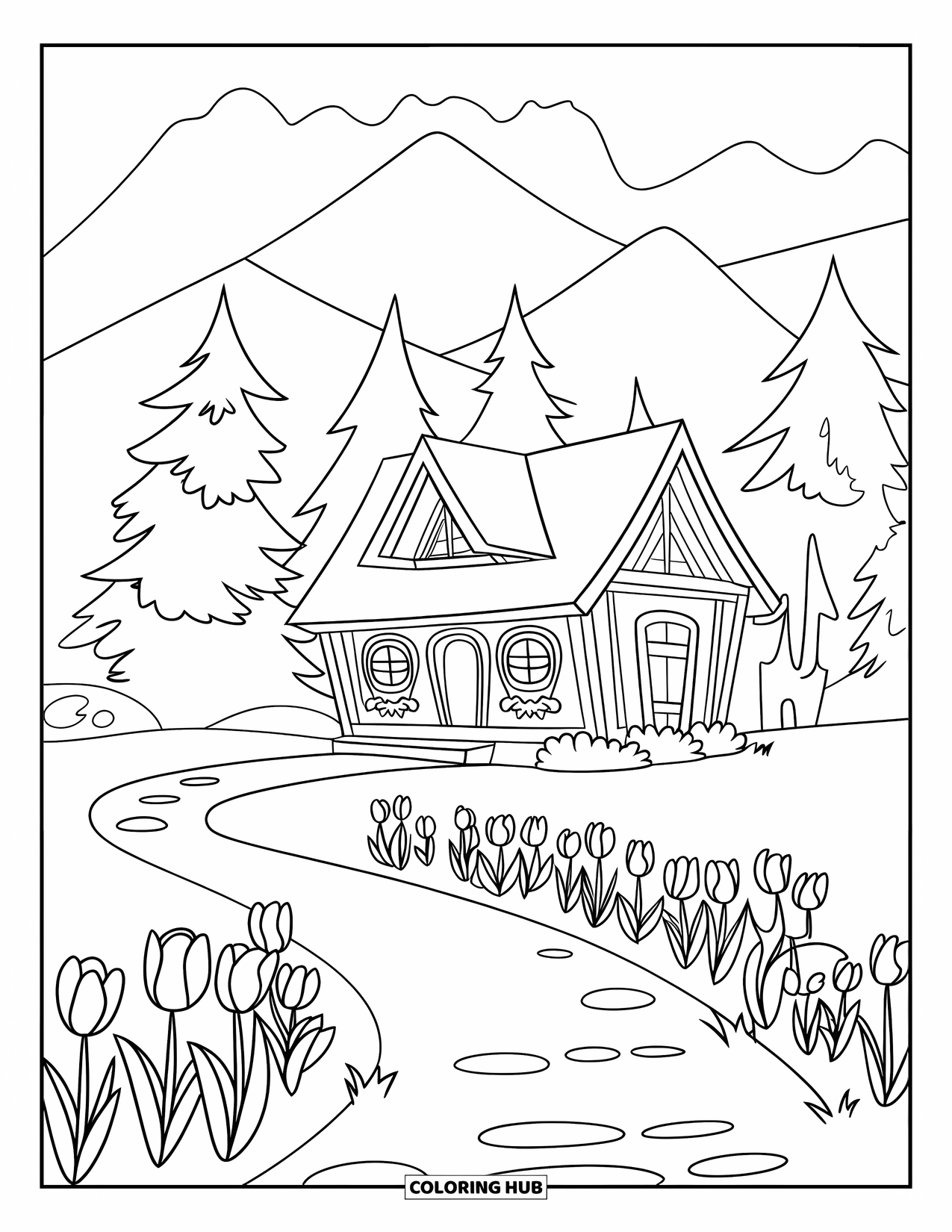Desen de colorat cu lalele pentru copii: O potecă mărginită de lalele duce la o cabană confortabilă în pădure