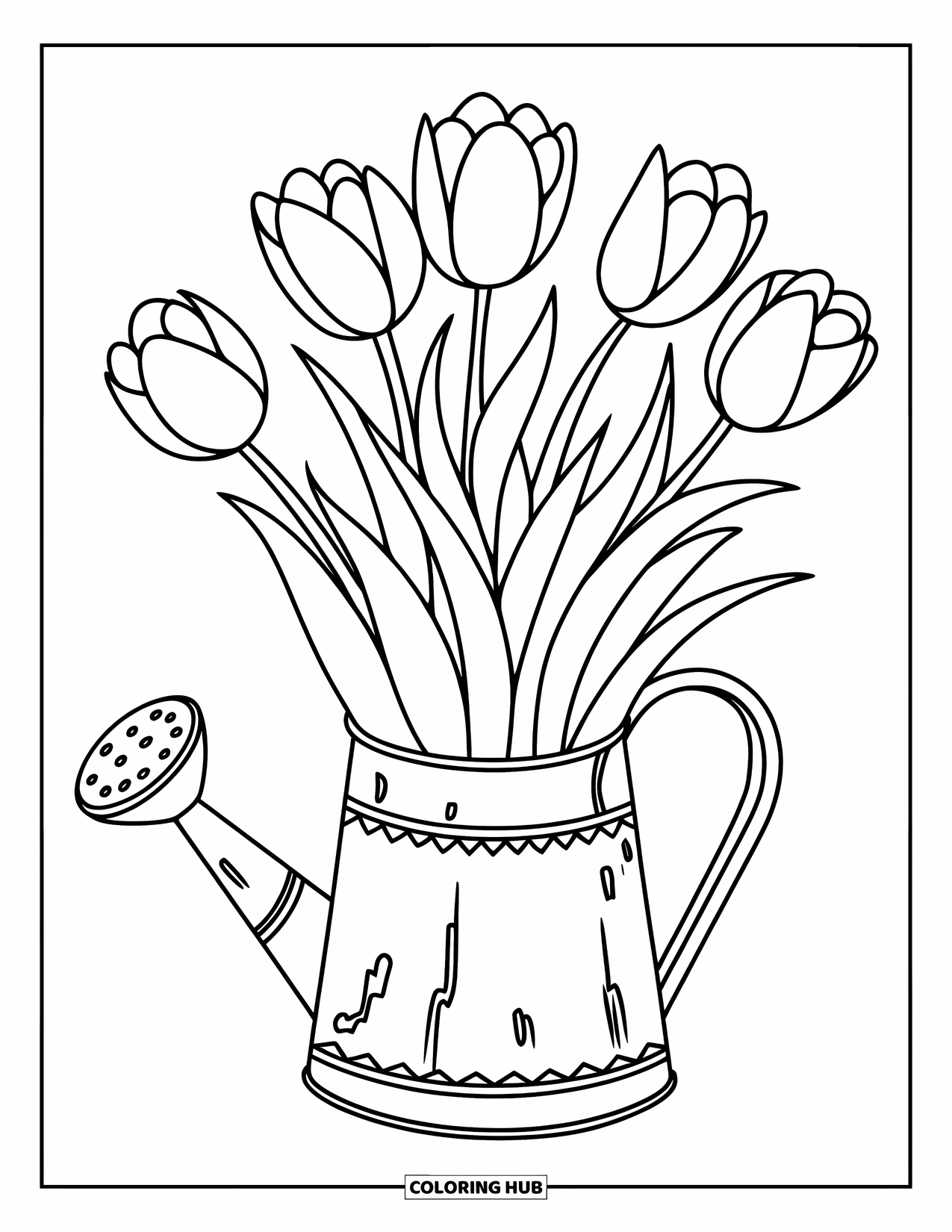 Desen de colorat cu lalele pentru copii: O stropitoare rustică este plină de lalele, ieșind în evidență într-o scenă simplă