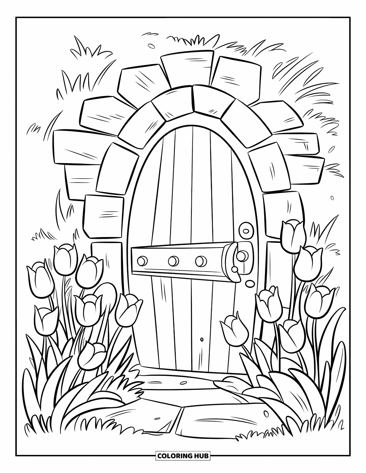 Desen de colorat cu lalele pentru copii: O intrare de piatră cu o ușă de lemn este înconjurată de lalele înflorite