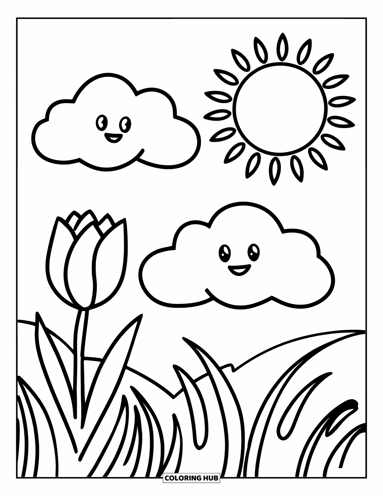 Desen de colorat cu lalele pentru copii: O lalea înflorește sub un nor zâmbitor și un cer însorit