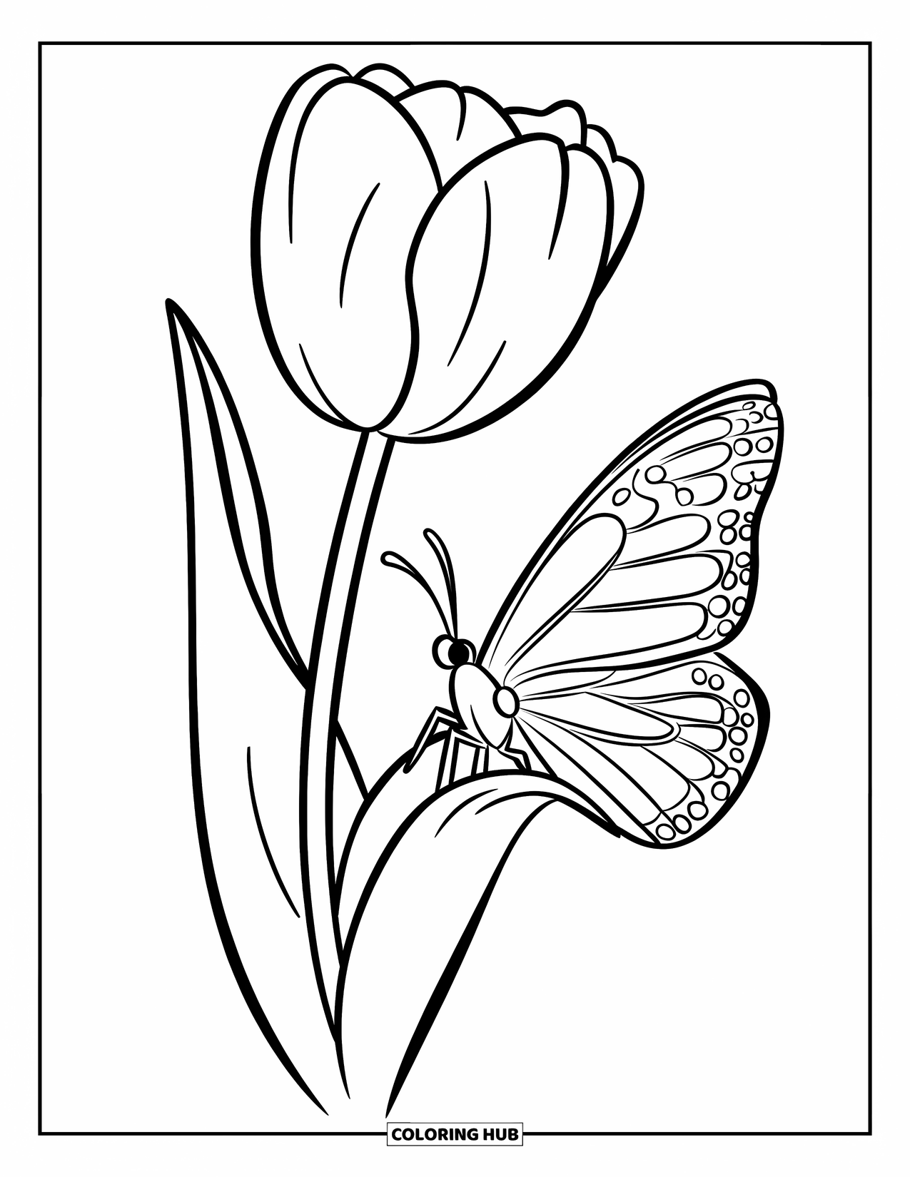 Desen de colorat cu lalele pentru copii: O lalea ține un fluture pe petala sa într-o grădină liniștită