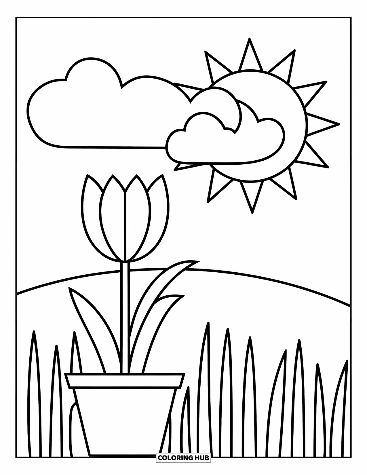 Desen de colorat cu lalele pentru copii: O lalea într-un ghiveci stă sub un nor zâmbitor și un cer însorit