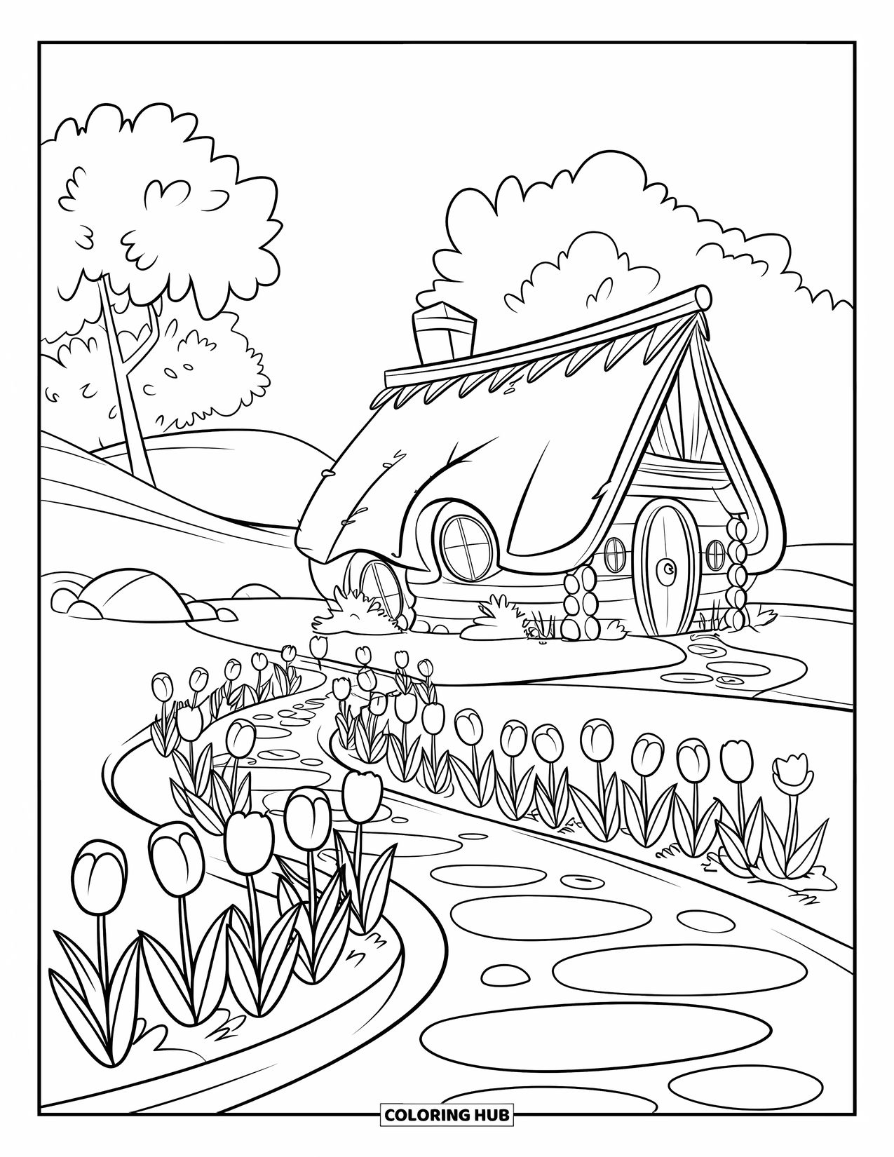 Desen de colorat cu lalele pentru copii: O potecă mărginită de lalele se curbează spre o cabană cu un acoperiș de paie
