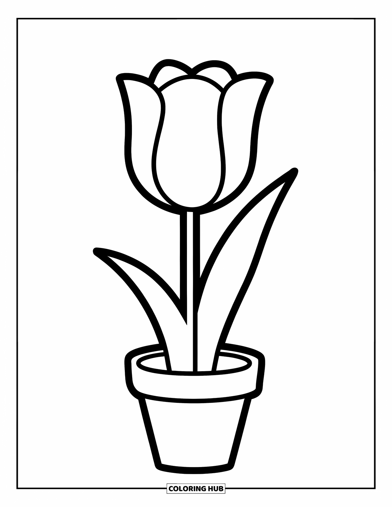 Desen de colorat cu lalele pentru copii: O lalea stă într-un ghiveci cu frunze curbate, simplă și dulce