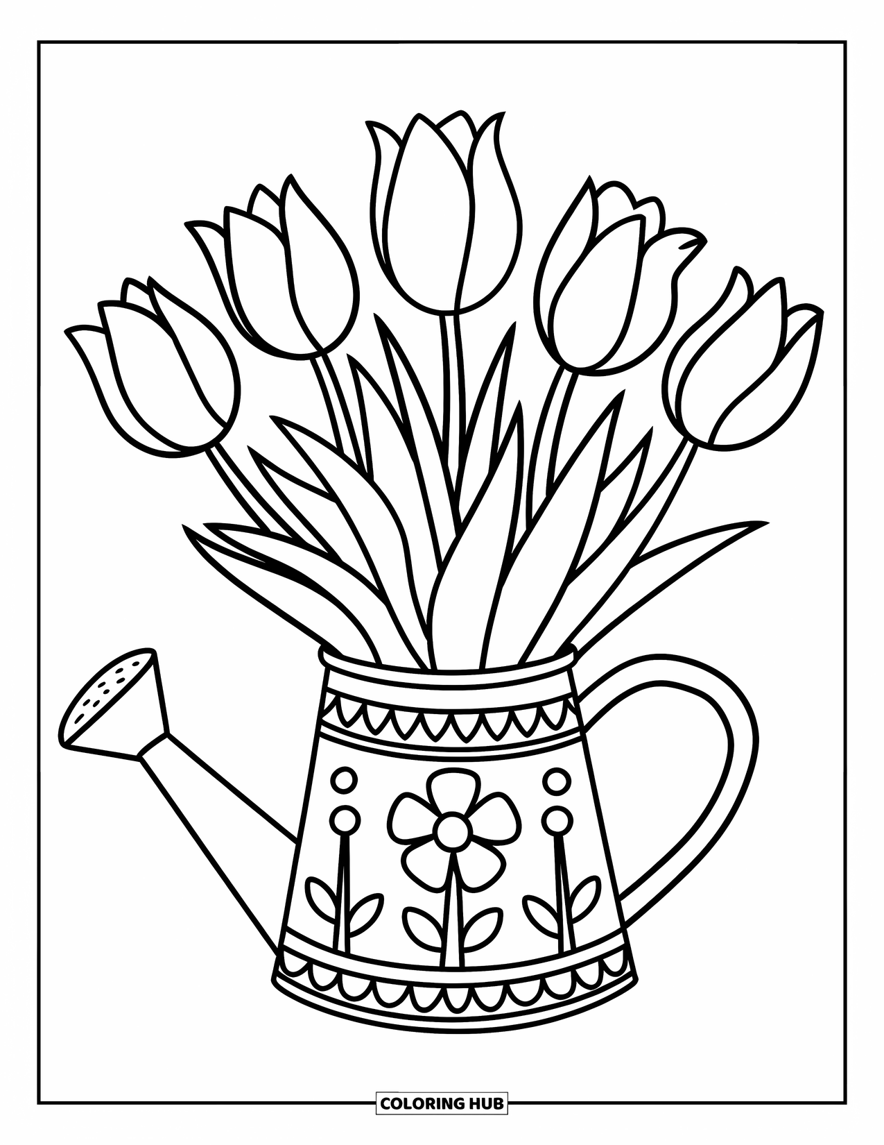 Desen de colorat cu lalele pentru copii: O stropitoare cu flori ține lalele înflorite