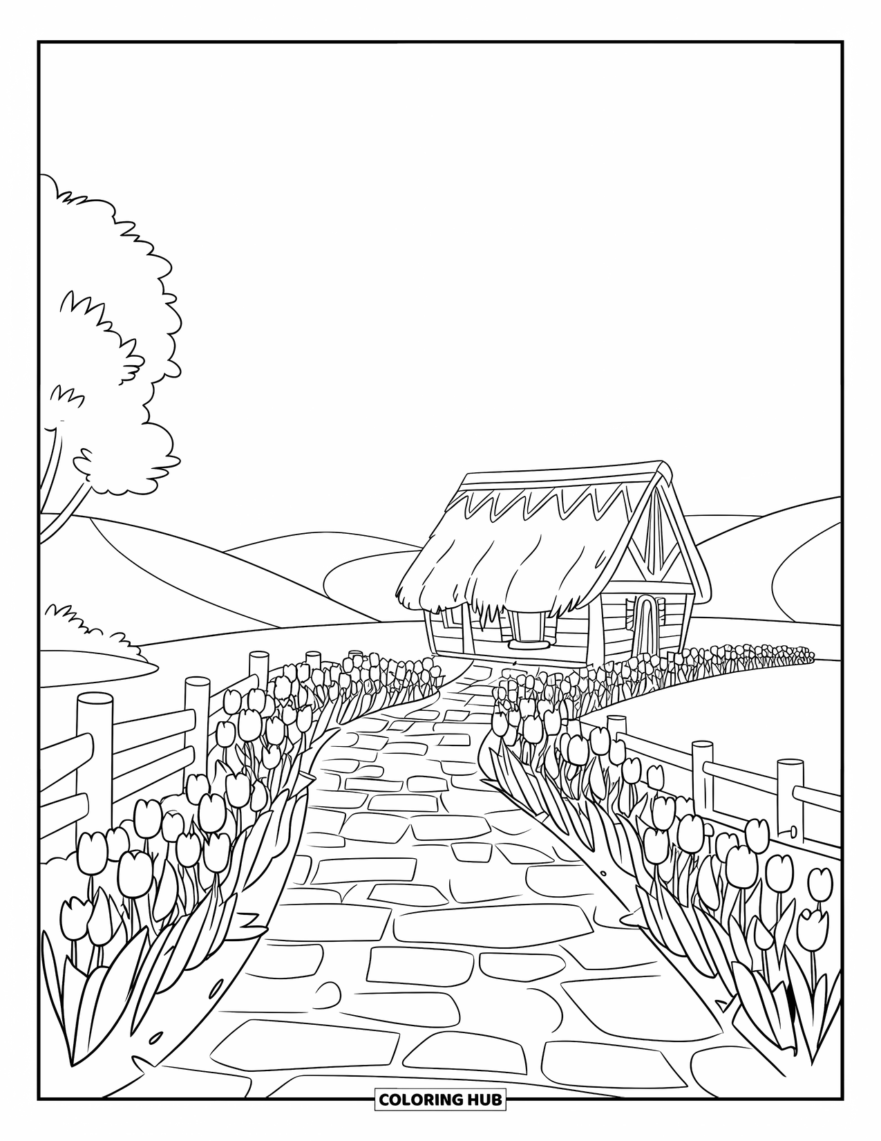 Desen de colorat cu lalele pentru copii: O potecă șerpuită cu lalele duce la o căsuță mică de lemn