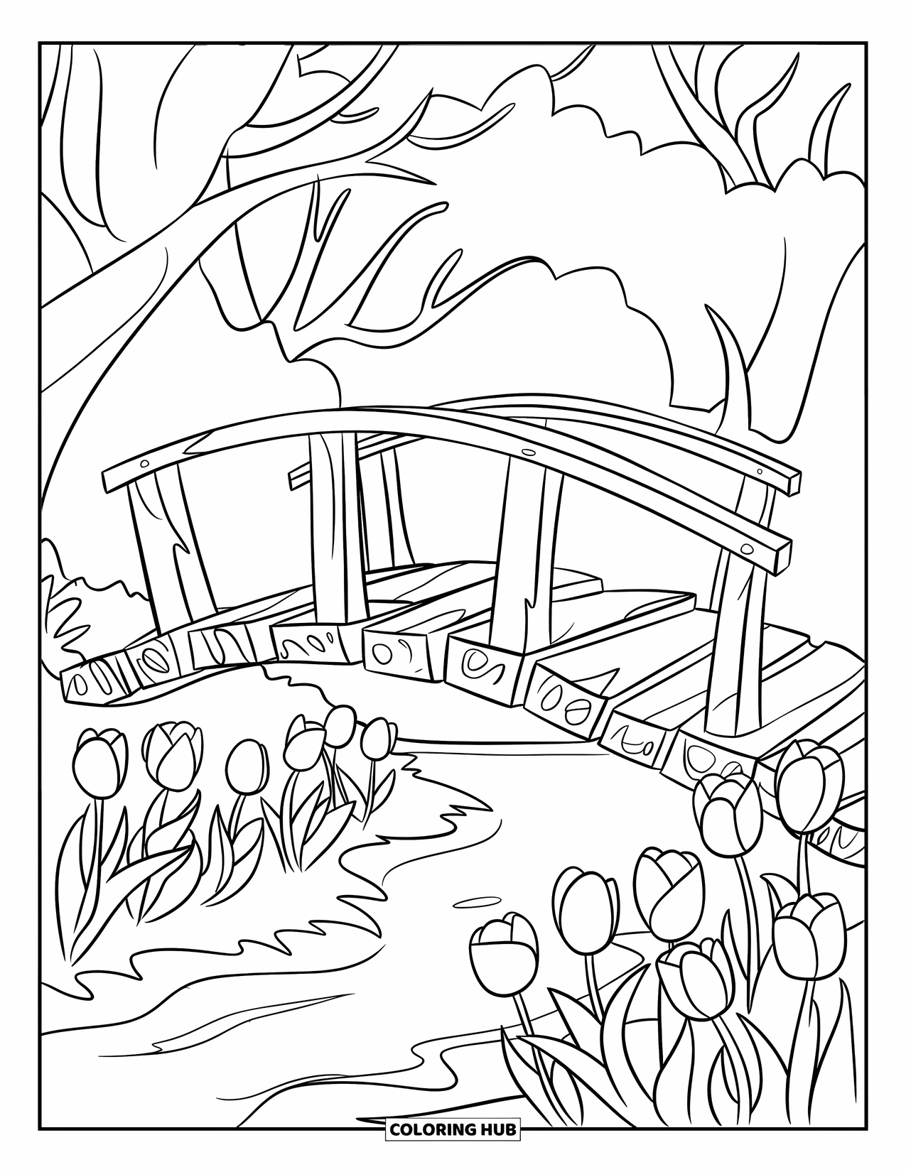 Desen de colorat cu lalele pentru copii: Un pod de lemn se arcuiește peste un pârâu, încadrat de lalele și copaci fără frunze