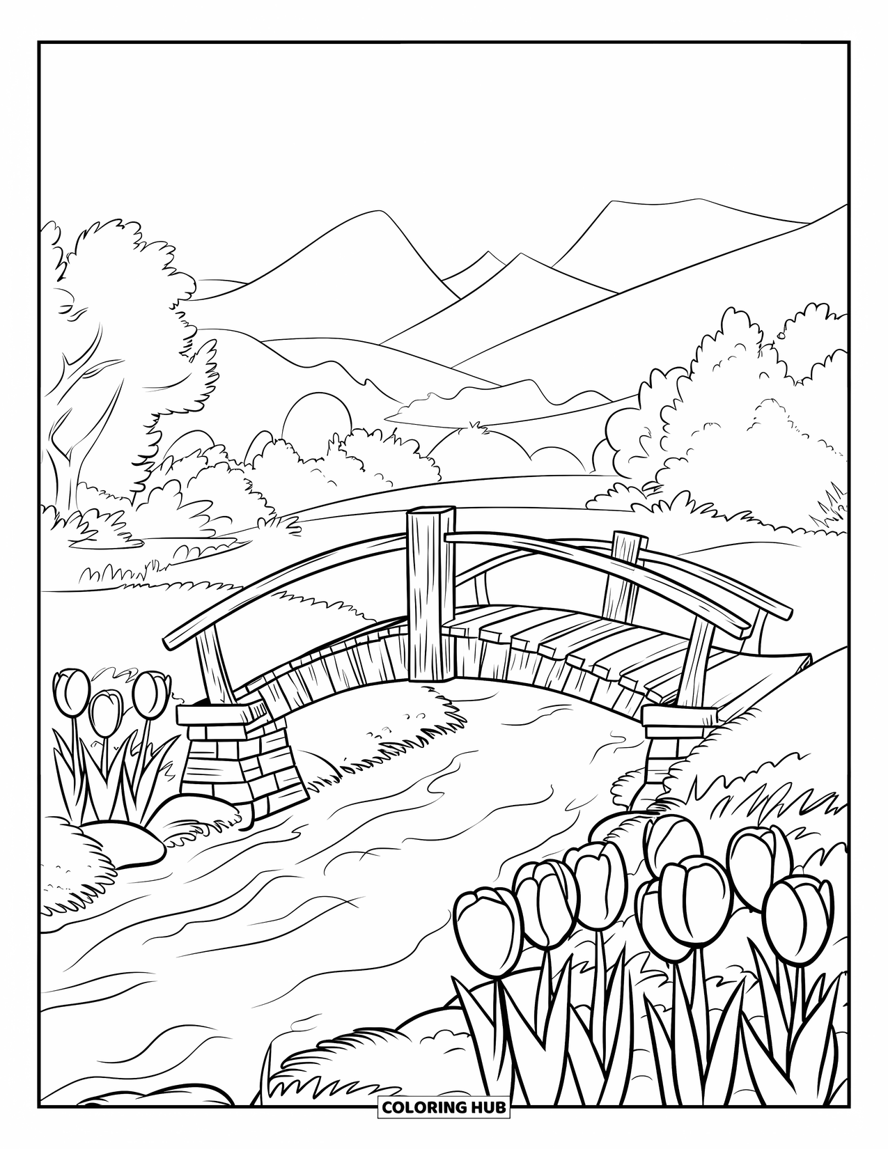 Desen de colorat cu lalele pentru copii: Un pod de lemn traversează un pârâu, cu lalele care mărginesc malurile