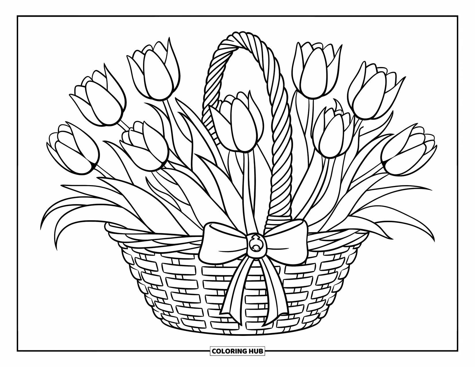 Desen de colorat cu lalele pentru copii: Un coș împletit cu o fundă ține lalele, simplu și fermecător