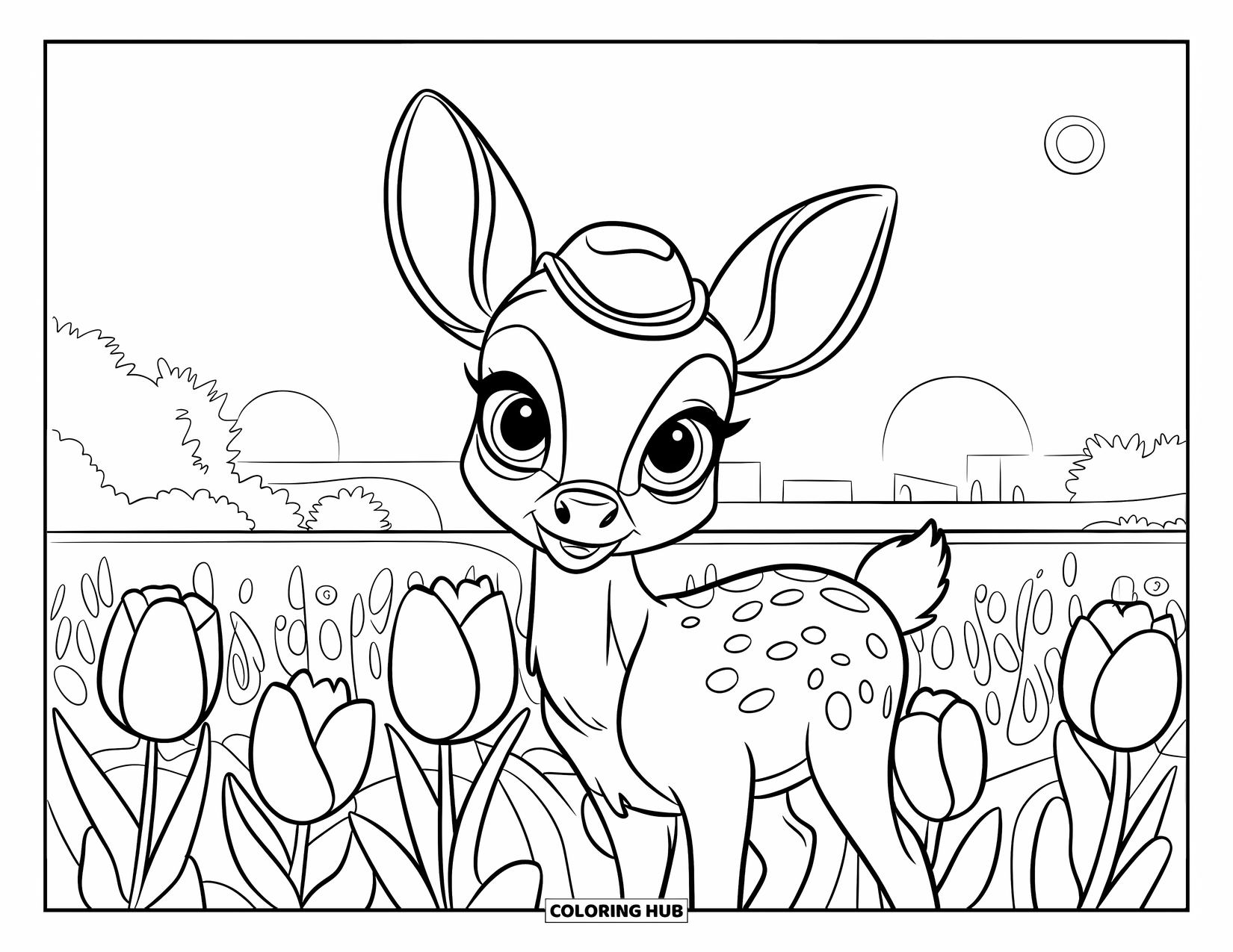 Desen de colorat cu lalele pentru copii: Un cerb tânăr cu o pălărie mică stă într-un câmp vast de lalele în zori