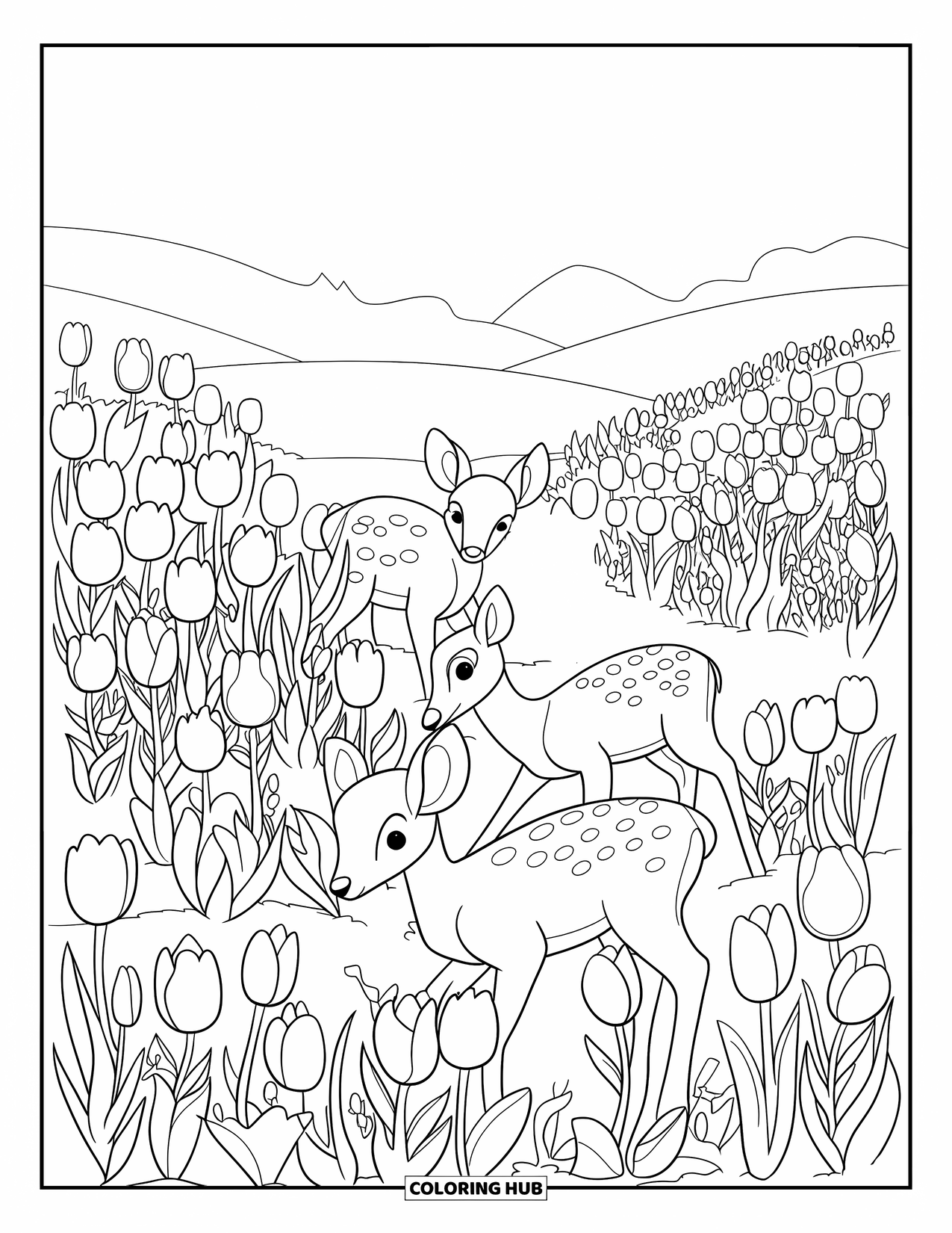Desen de colorat cu lalele pentru copii: Cerbi cu pete albe pasc printre lalele înflorite într-o poiană