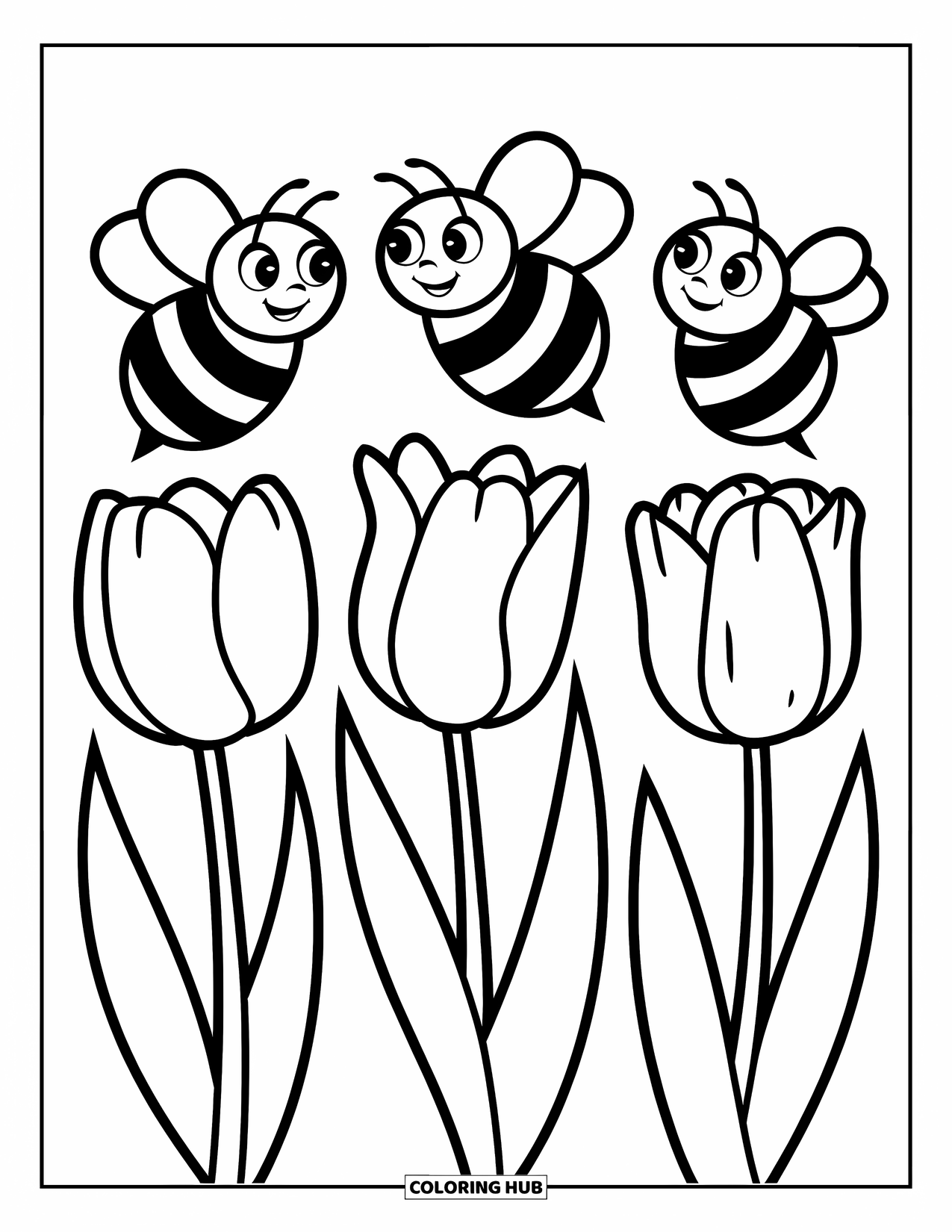 Desen de colorat cu lalele pentru copii: Trei albine planează deasupra lalelelor, creând o scenă veselă de grădină