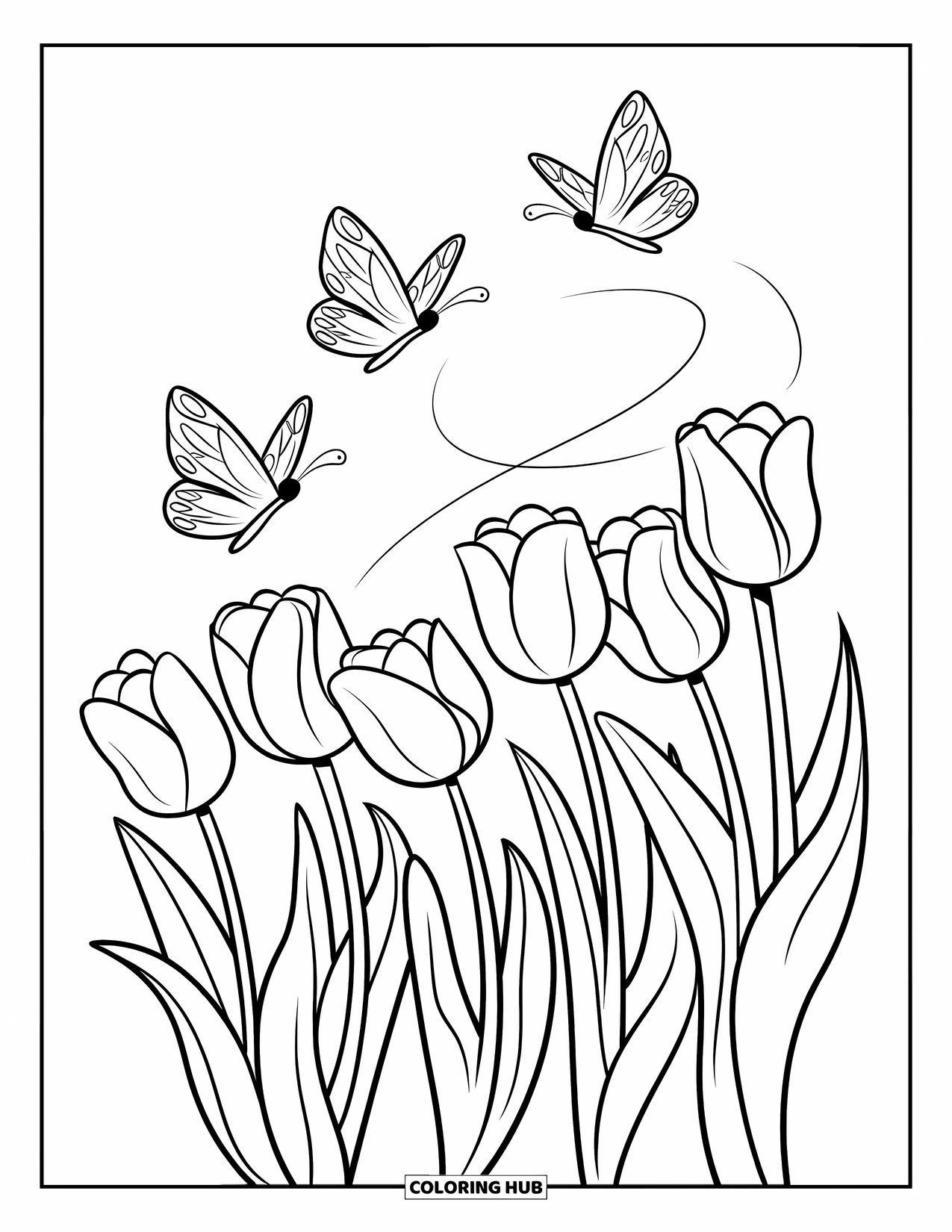 Desen de colorat cu lalele pentru copii: Trei fluturi zboară deasupra lalelelor care se leagănă într-o briză ușoară
