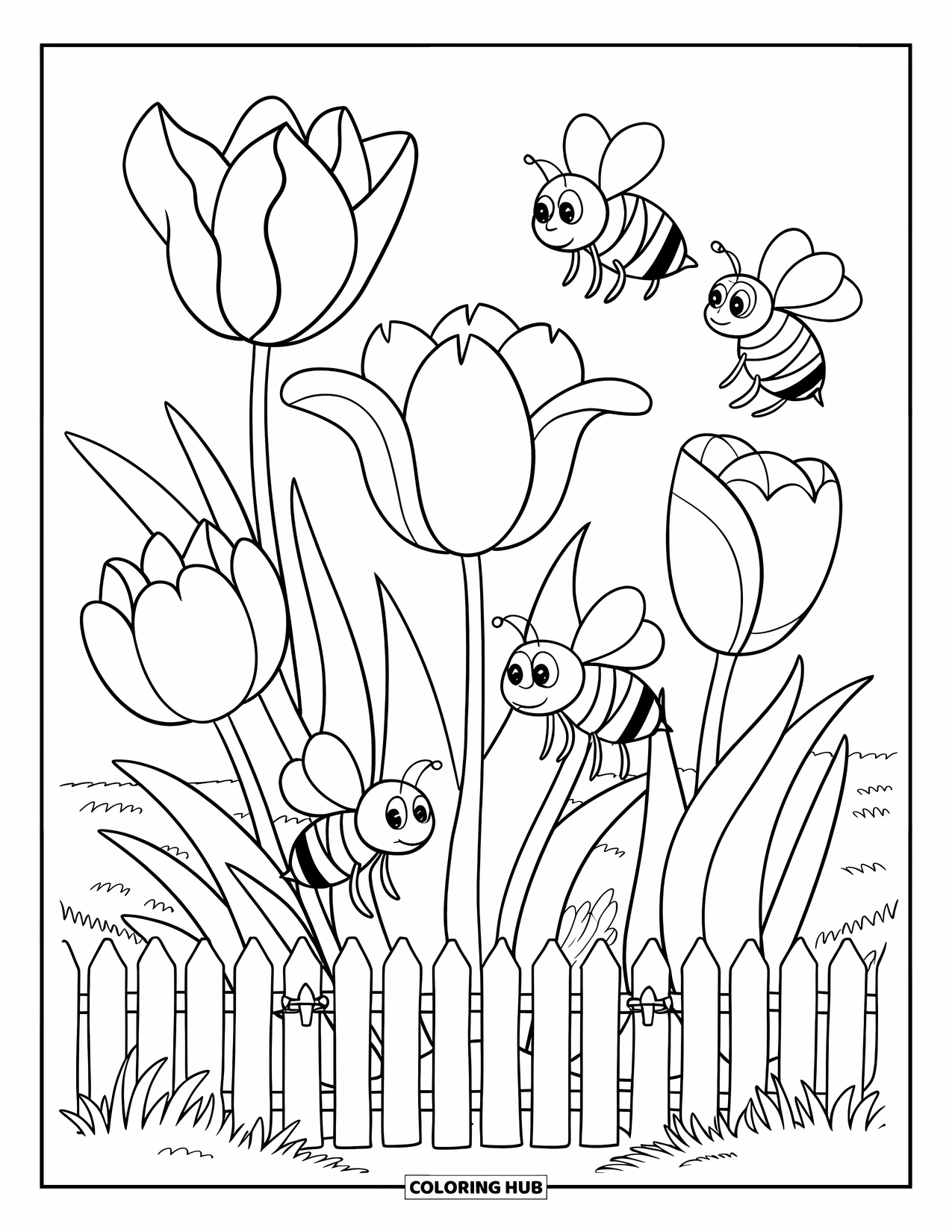 Desen de colorat cu lalele pentru copii: Lalele și trei albine zumzăitoare înconjoară un gard de lemn într-un câmp