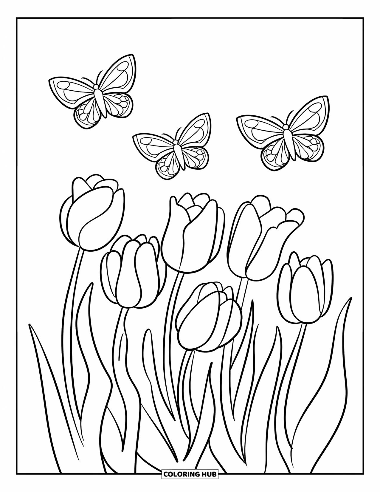 Desen de colorat cu lalele pentru copii: Lalelele se leagănă ușor, în timp ce fluturii zboară deasupra într-o scenă pașnică