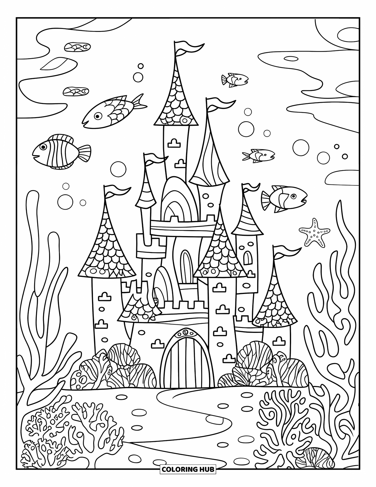 Kolorowanka Podwodny Świat dla dorosłych: Zamek z koralowymi wzorami i życiem morskim wokół niego