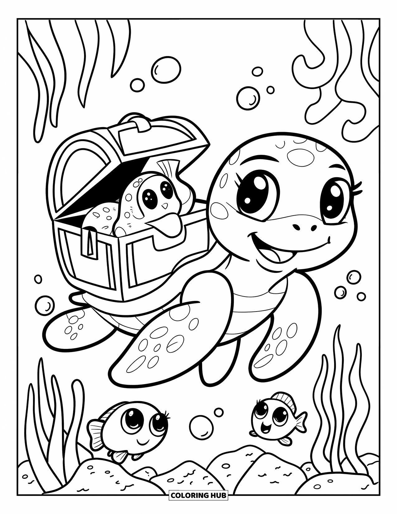 Kolorowanka Podwodny Świat dla dorosłych: Radosny żółw morski niesie maleńką skrzynię skarbów, z której wyzierają ciekawe rybki