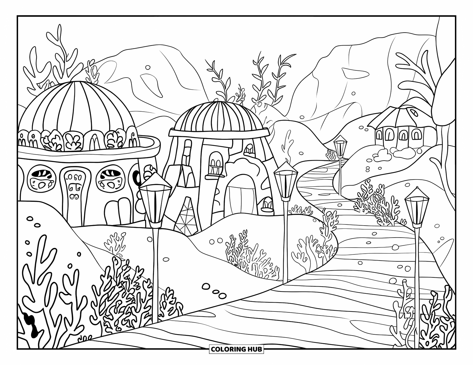 Kolorowanka Podwodny Świat dla dorosłych: Miasto z kopulastymi koralowymi budynkami z lampionami i misternymi koralowymi wzorami