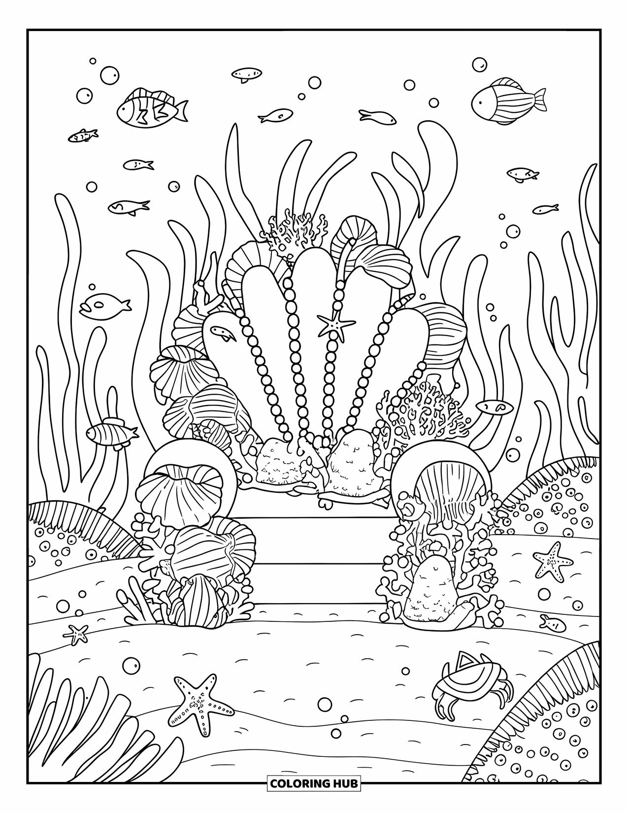 Kolorowanka Podwodny Świat dla dorosłych: Koralowy tron ozdobiony muszlami i perłami na piaszczystym dnie oceanu