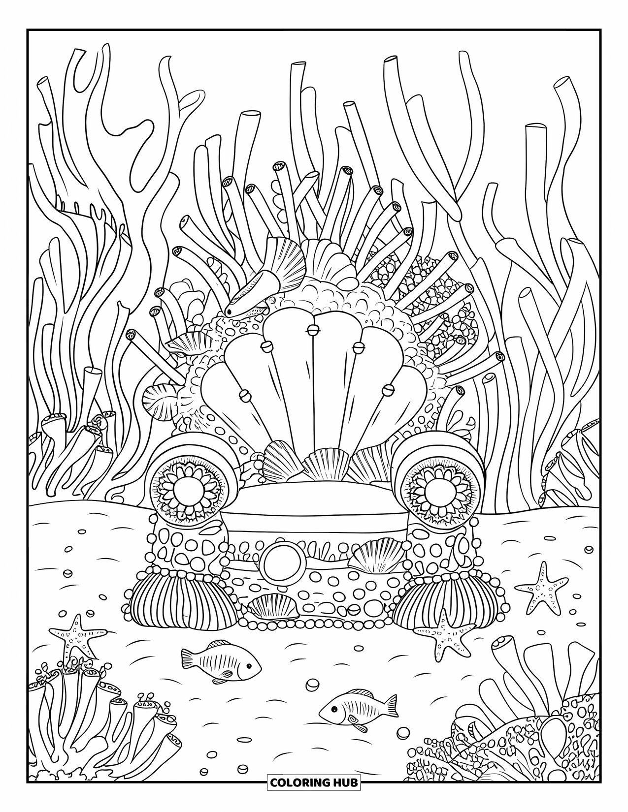 Kolorowanka Podwodny Świat dla dorosłych: Koralowy tron z muszlami i perłami, otoczony morskimi stworzeniami