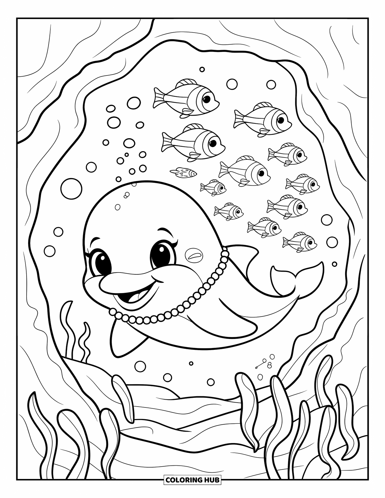Kolorowanka Podwodny Świat dla dorosłych: Uroczy delfin z perłami prowadzi ryby przez koralowy tunel z unoszącymi się wodorostami