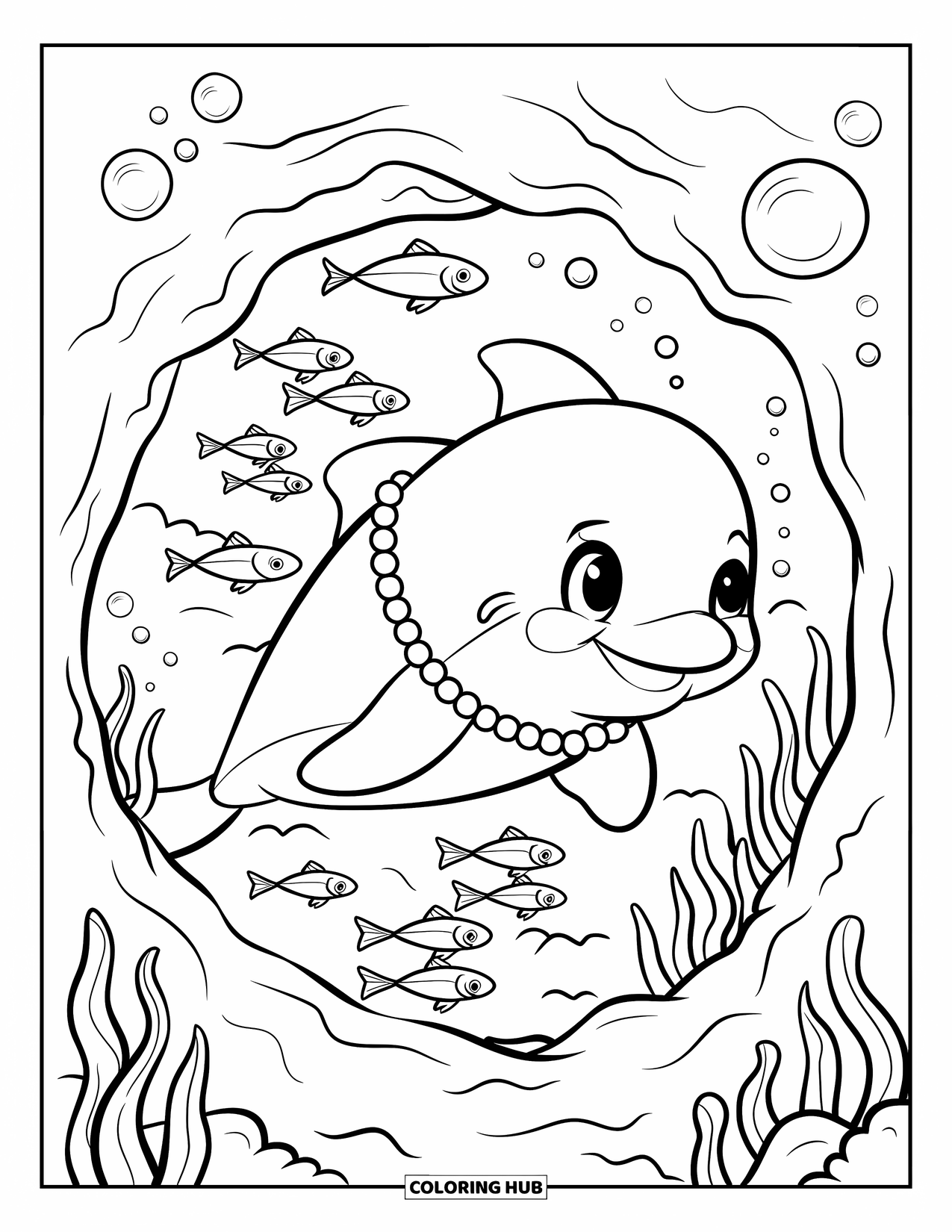 Kolorowanka Podwodny Świat dla dorosłych: Delfin noszący perły prowadzi ryby przez koralowy tunel z unoszącymi się bąbelkami