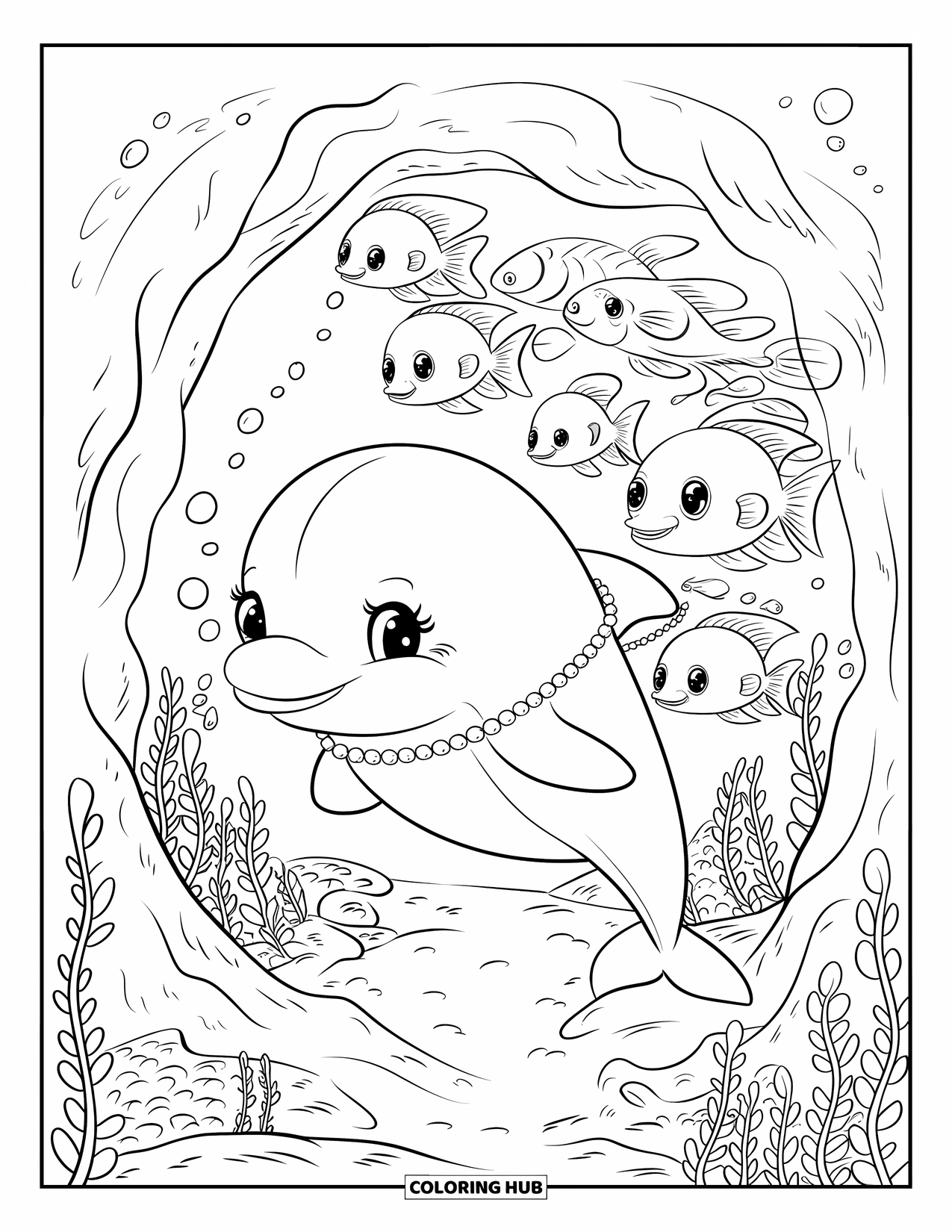 Kolorowanka Podwodny Świat dla dorosłych: Delfin z naszyjnikiem z pereł prowadzi ryby przez koralowy tunel otoczony wodorostami