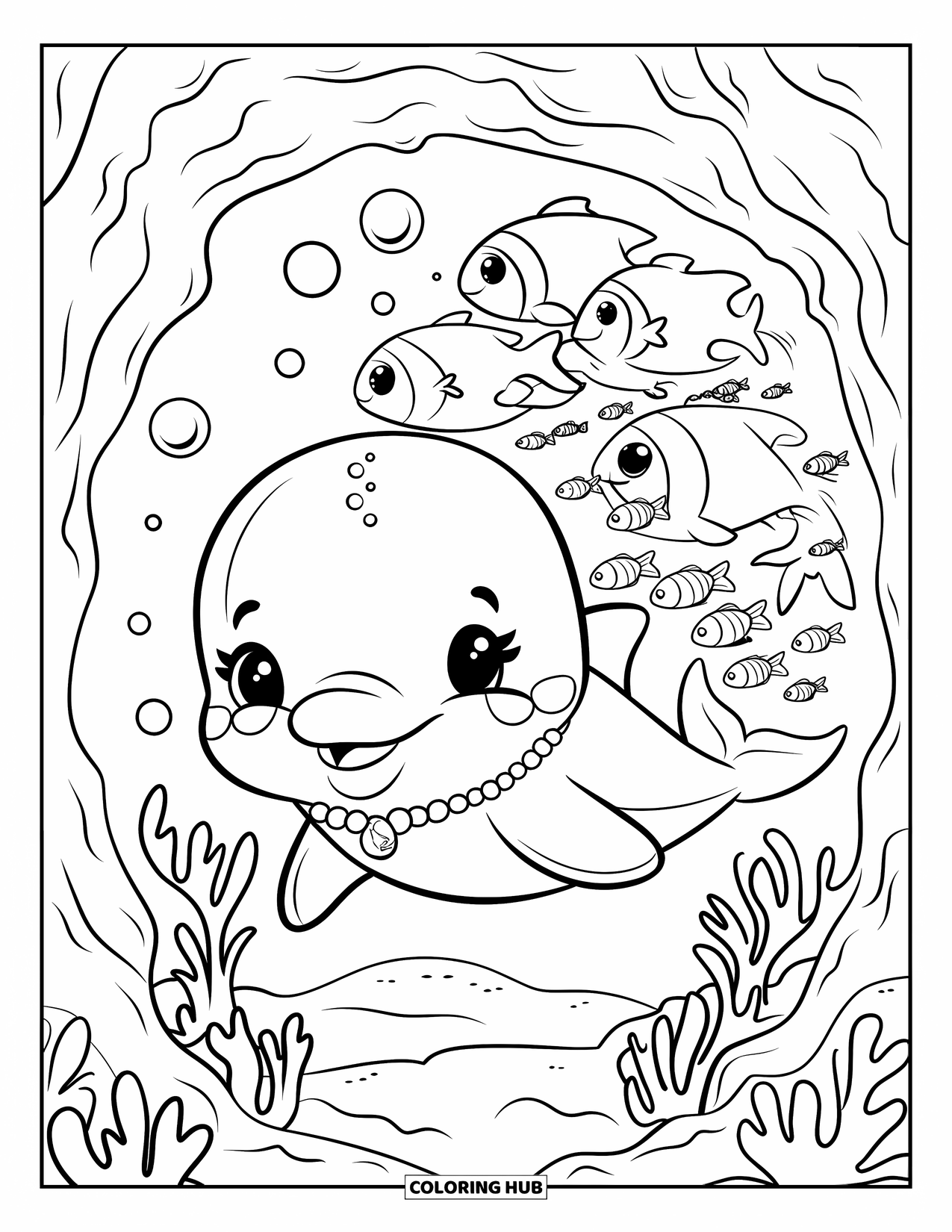Kolorowanka Podwodny Świat dla dorosłych: Delfin z naszyjnikiem z pereł prowadzi ryby obok bąbelków i wodorostów w koralowym tunelu