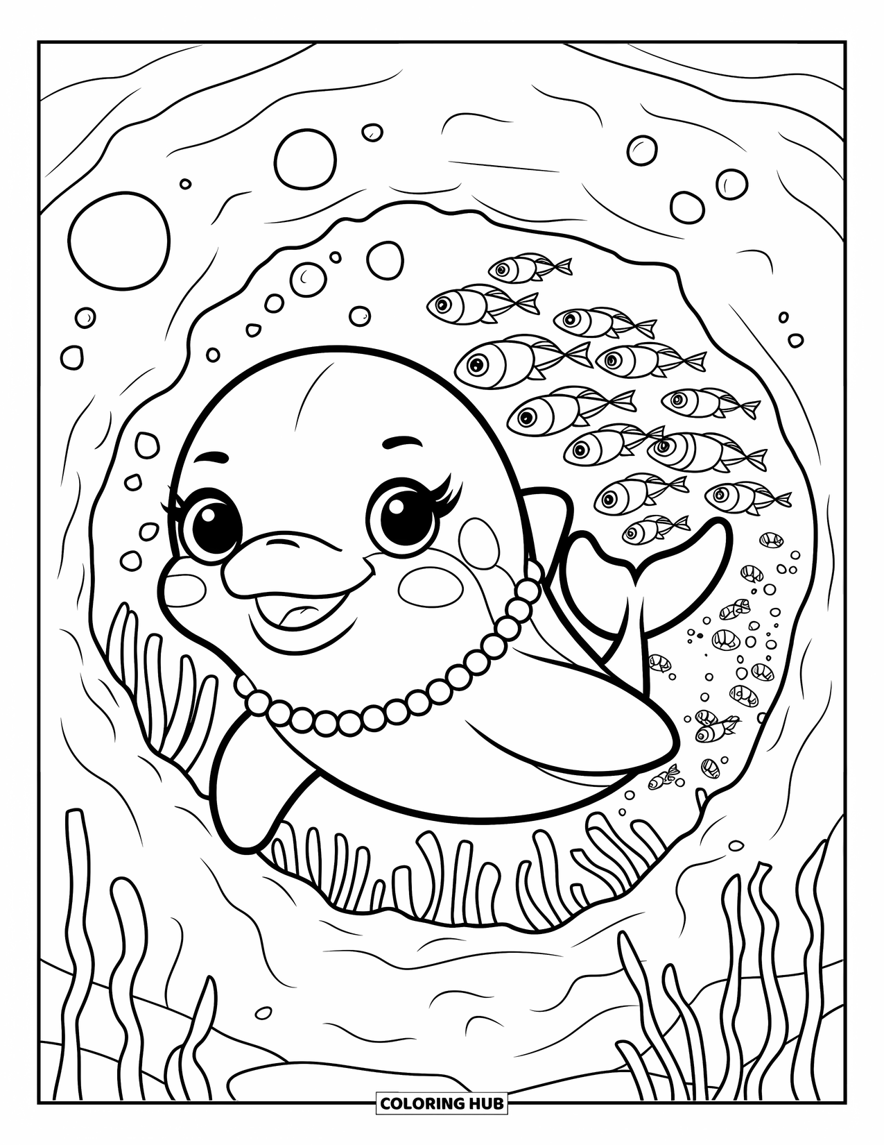 Kolorowanka Podwodny Świat dla dorosłych: Delfin z naszyjnikiem z pereł prowadzi ryby przez koralowy tunel z bąbelkami
