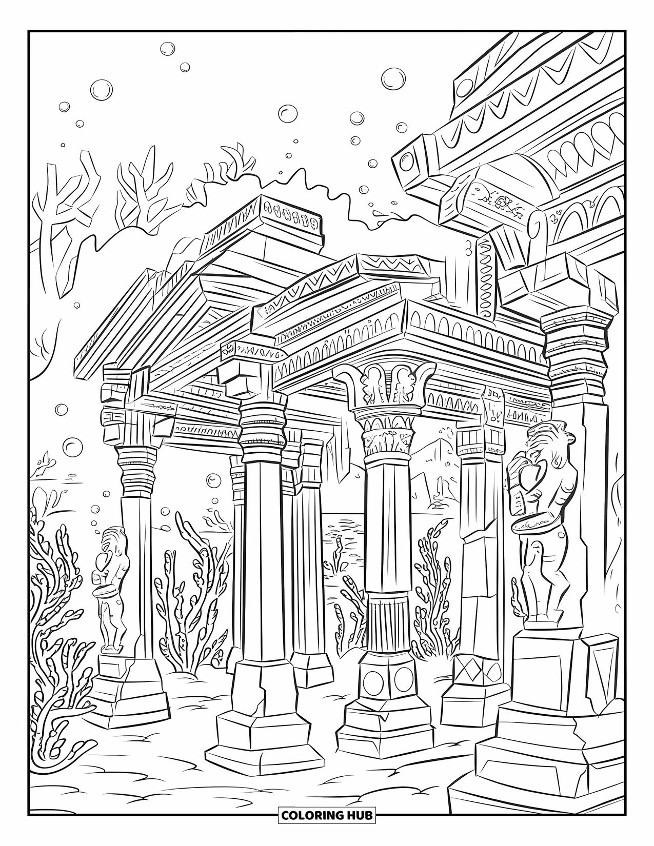 Kolorowanka Podwodny Świat dla dorosłych: Świątynia z kopulastym dachem z rzeźbieniami i posągami otoczona życiem morskim