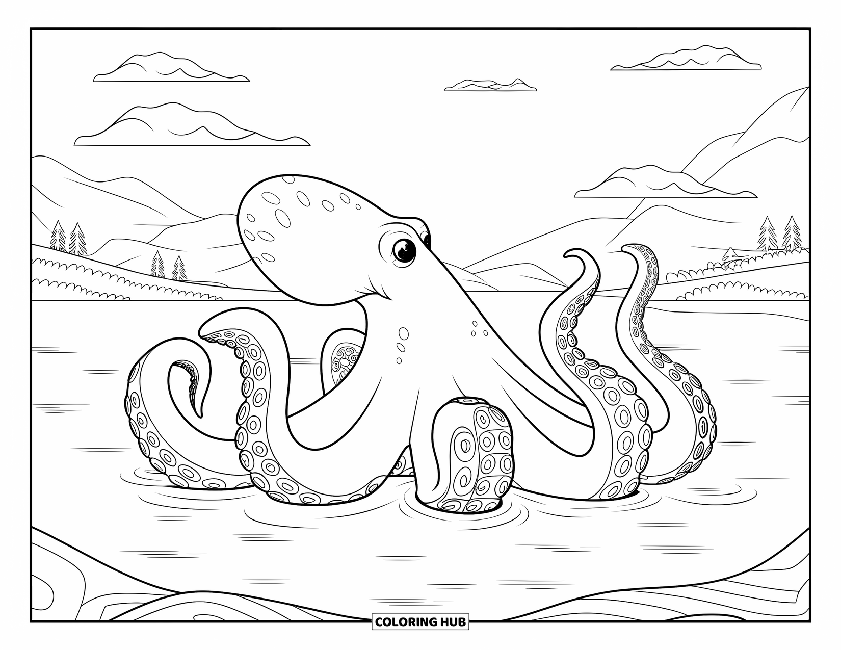 Kolorowanka Podwodny Świat dla dorosłych: Olbrzymia ośmiornica na spokojnym morzu z łagodnymi falami