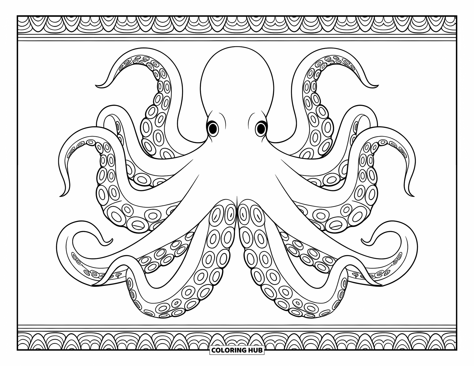 Kolorowanka Podwodny Świat dla dorosłych: Olbrzymia ośmiornica z wzorzystymi mackami otoczona misternymi wzorami