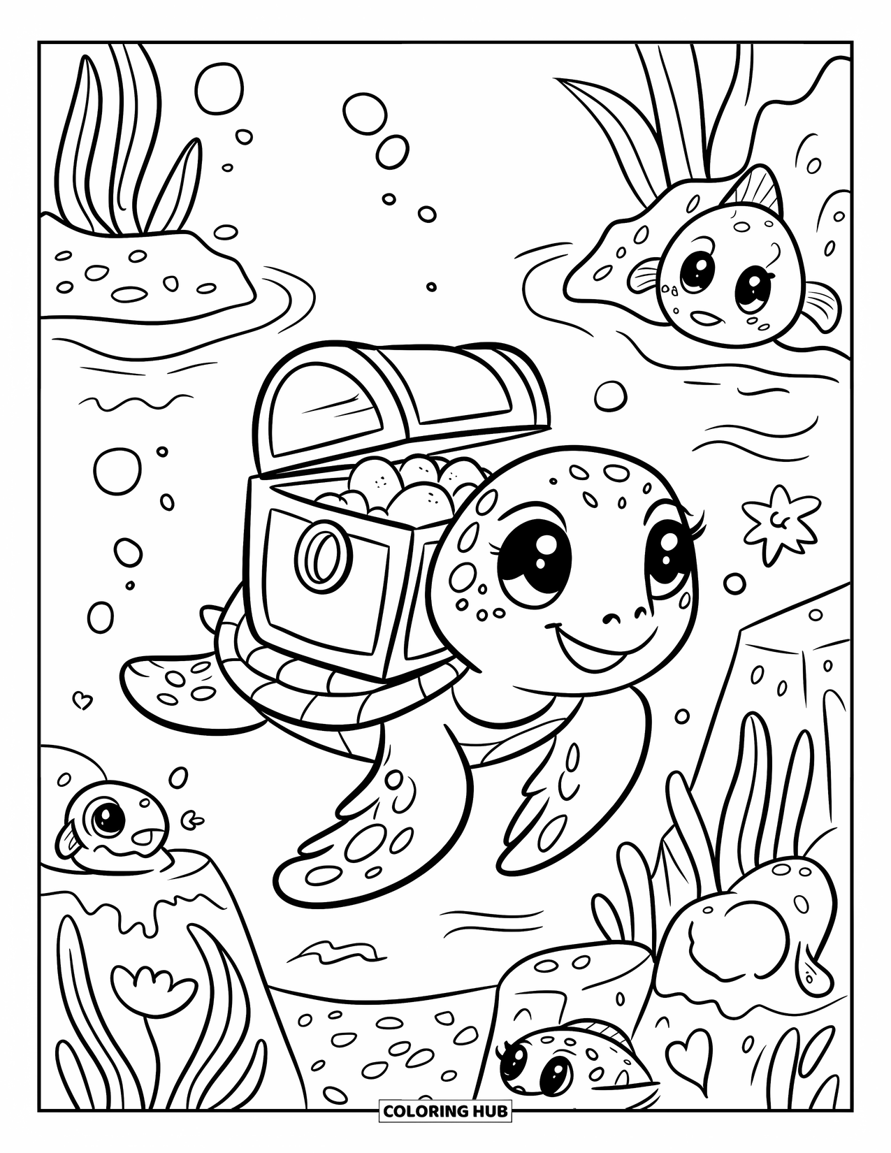 Kolorowanka Podwodny Świat dla dorosłych: Szczęśliwy żółw morski niesie skrzynię skarbów obok ciekawskich ryb i wznoszących się bąbelków