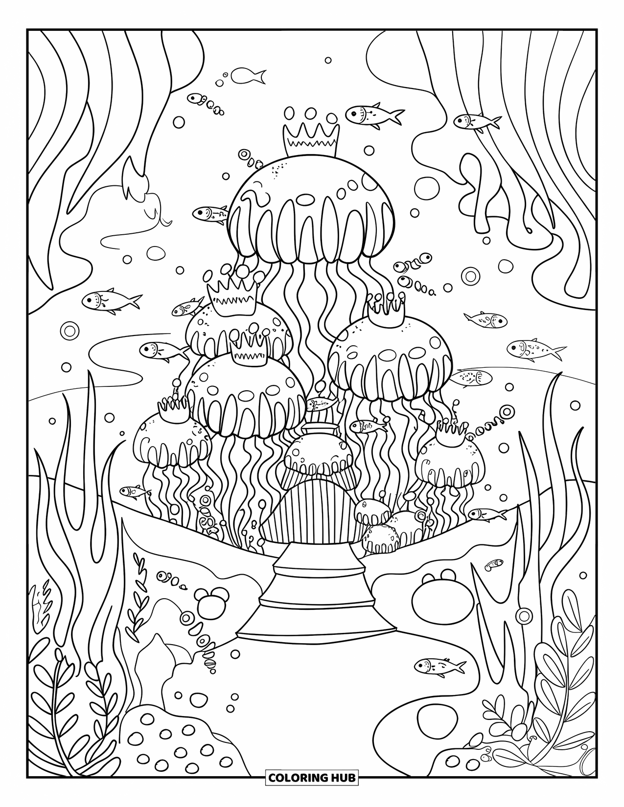 Kolorowanka Podwodny Świat dla dorosłych: Zamek z meduz z maleńkimi koronami stoi wśród wodorostów, pereł i ciekawskich ryb