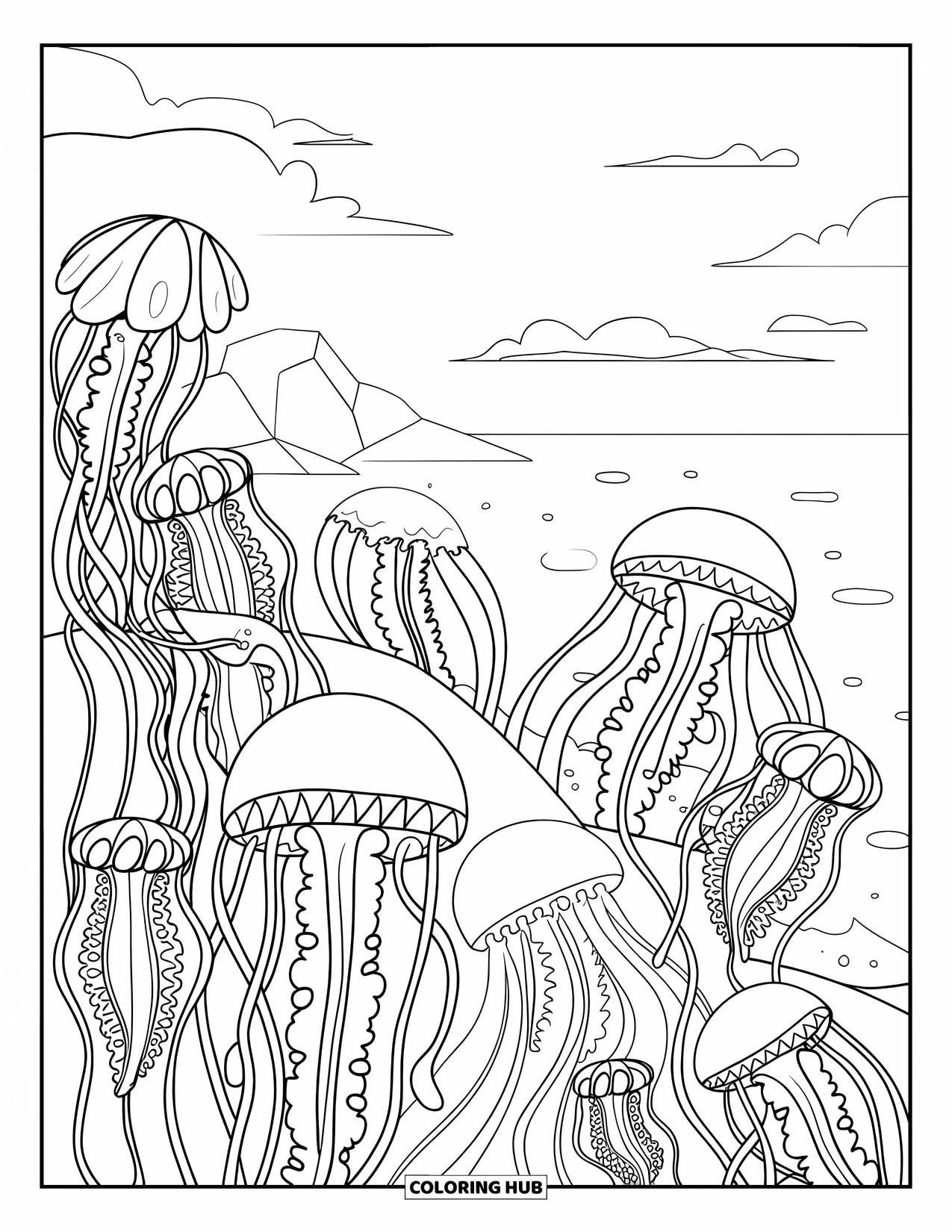 Kolorowanka Podwodny Świat dla dorosłych: Ogród z meduzami ze skałami i czystym niebem