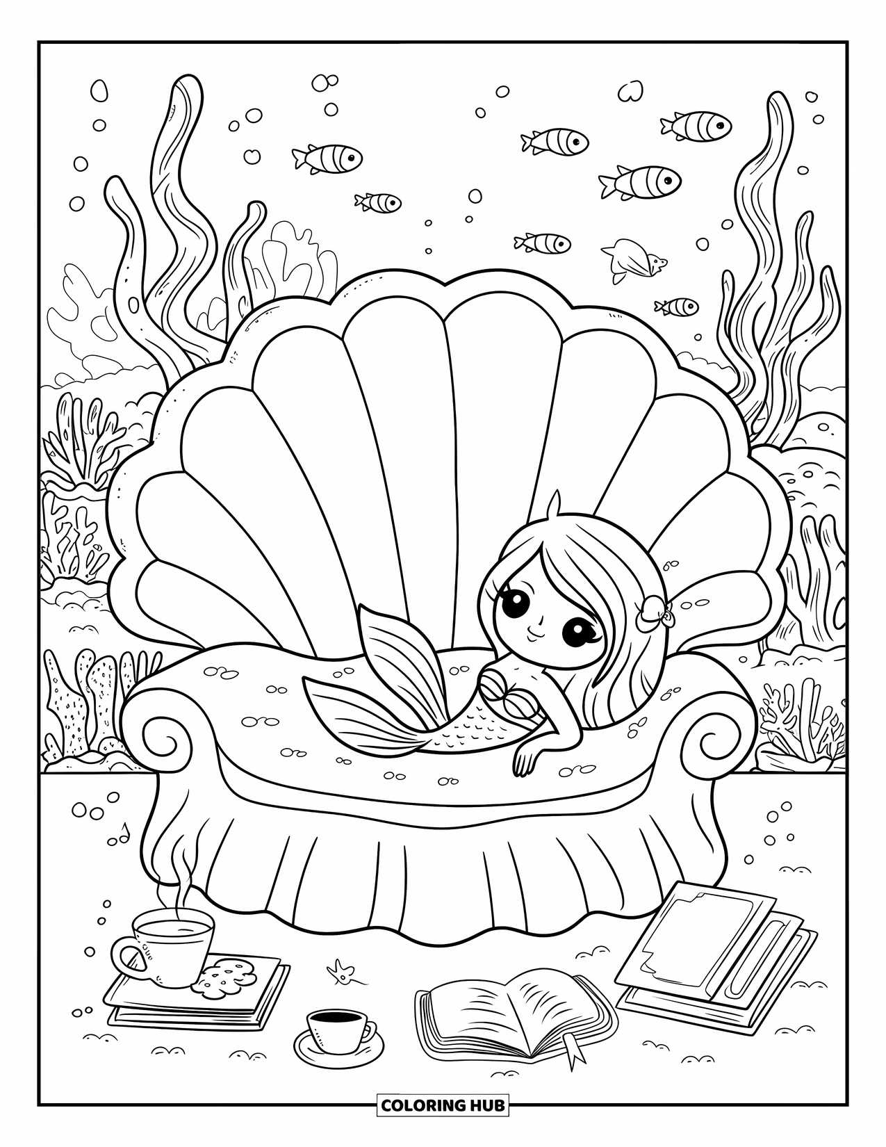 Kolorowanka Podwodny Świat dla dorosłych: Syrenka kawaii wyleguje się na kanapie z małża z książkami i herbatą