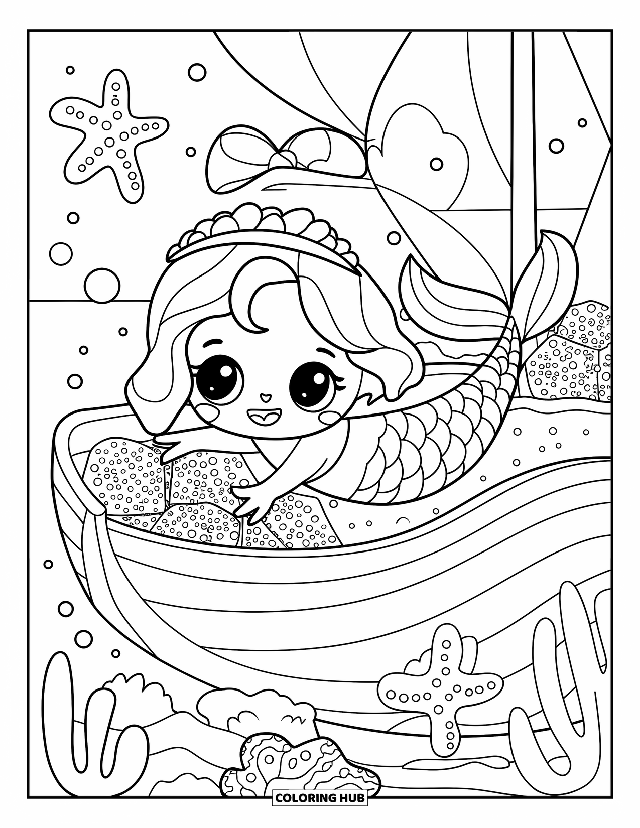 Kolorowanka Podwodny Świat dla dorosłych: Syrenka kawaii z kokardą eksploruje zatopiony statek wypełniony błyszczącymi skarbami