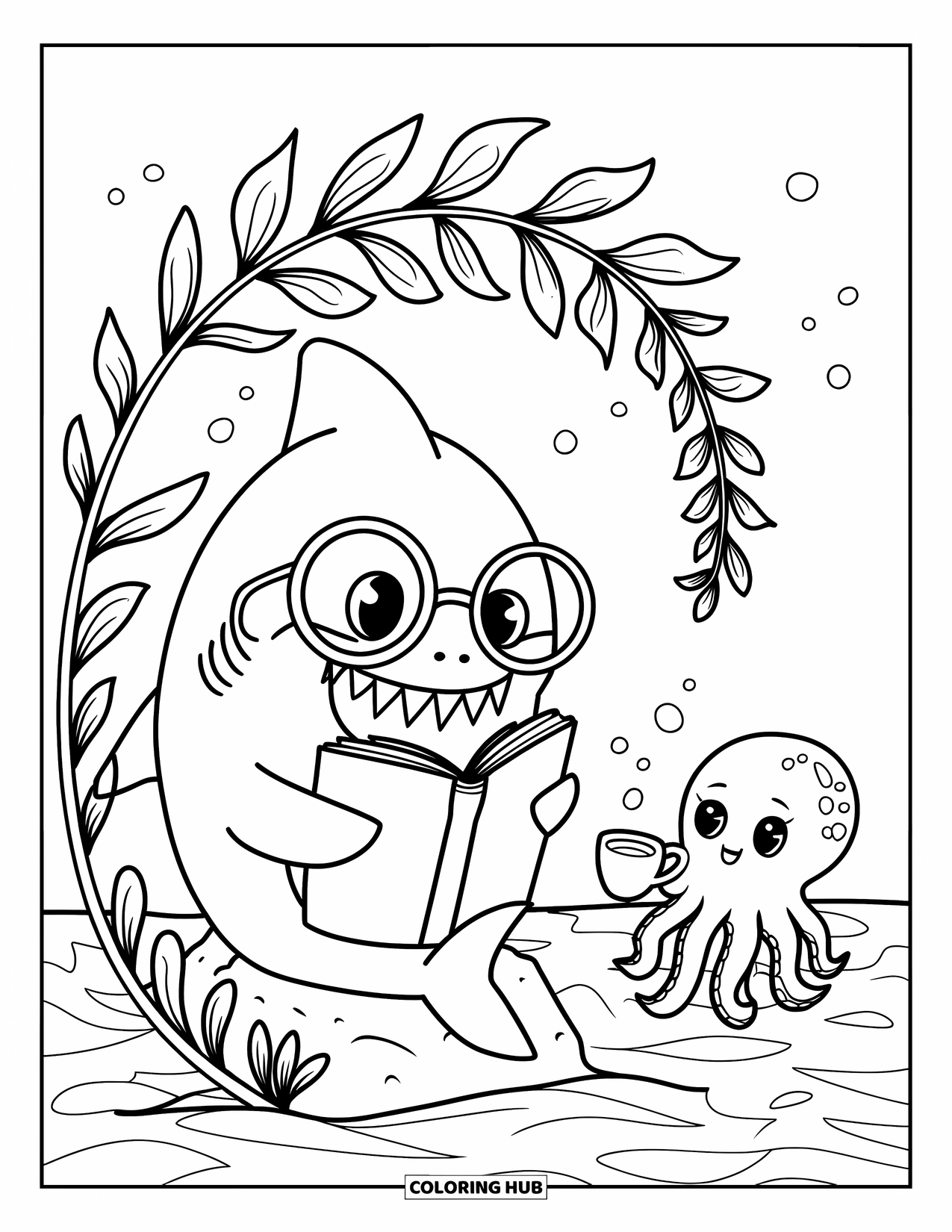 Kolorowanka Podwodny Świat dla dorosłych: Rekin kawaii w okularach czyta książkę, a ośmiornica oferuje herbatę