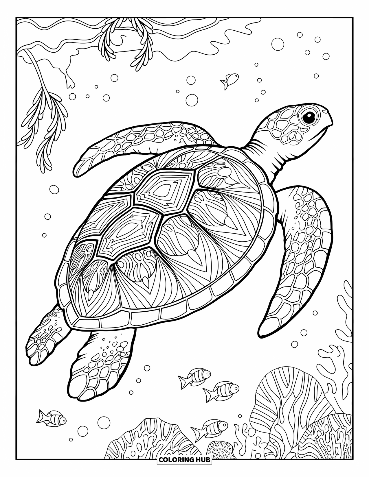 Kolorowanka Podwodny Świat dla dorosłych: Żółw morski z mandalą na skorupie przepływa obok koralowców, wodorostów i małych rybek