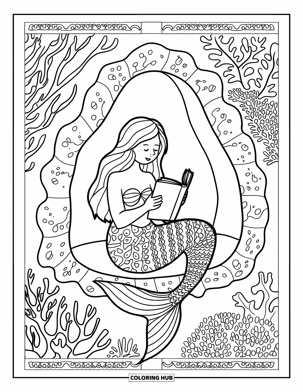 Kolorowanka dla dorosłych: Podwodny świat – Syrena czyta książkę, otoczona skomplikowanymi wzorami koralowców