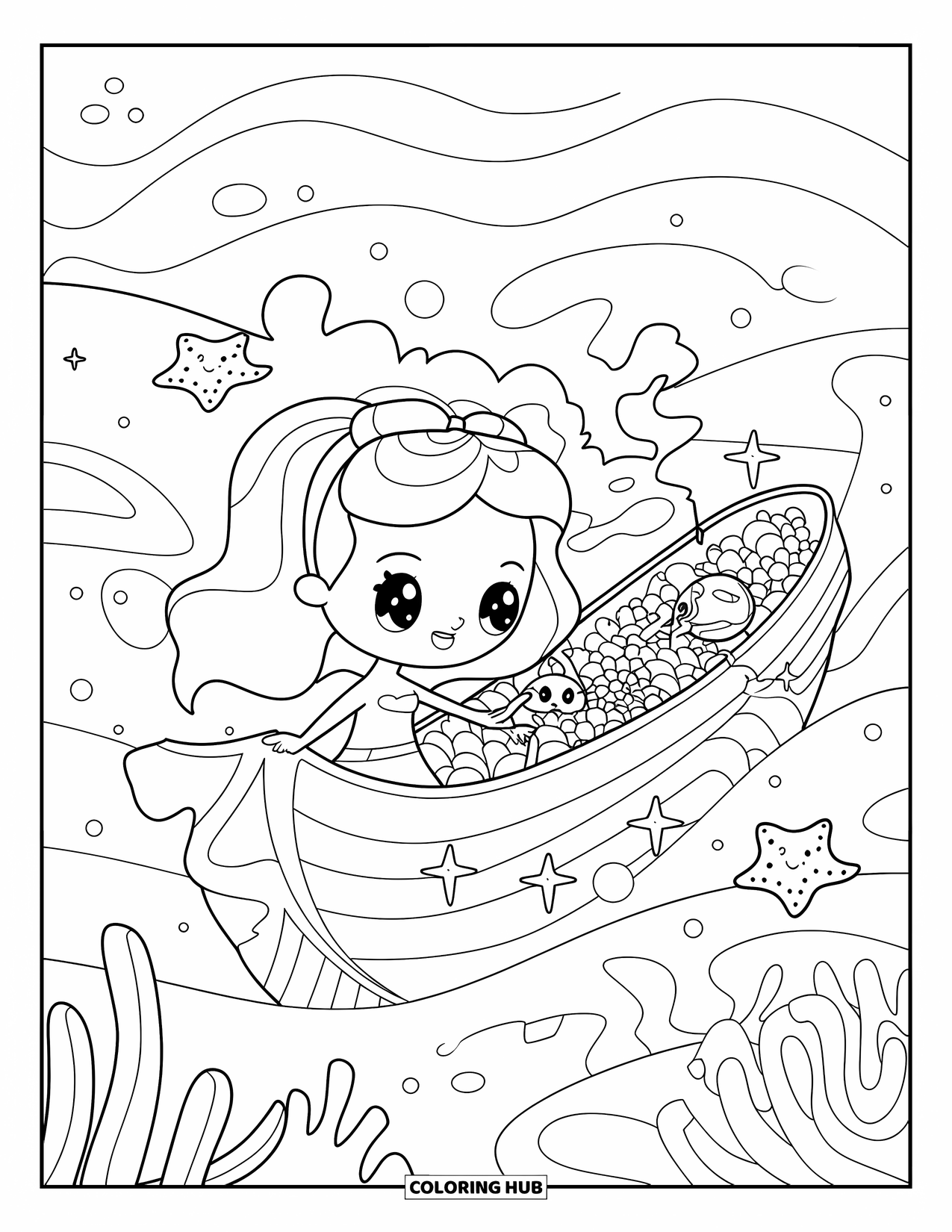 Kolorowanka Podwodny Świat dla dorosłych: Syrena z kokardą znajduje błyszczące skarby na zatopionym statku z przyjaznymi rozgwiazdami
