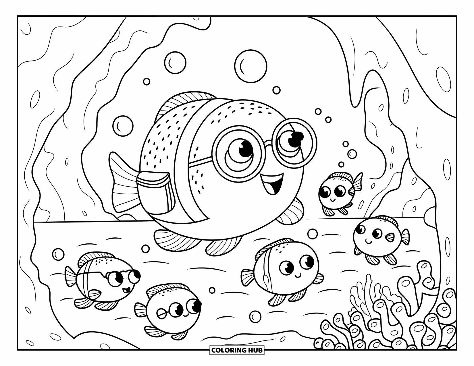 Kolorowanka Podwodny Świat dla dorosłych: Rozdymka prowadzi poszukiwanie skarbów obok koralowych jaskiń i błyszczących pereł