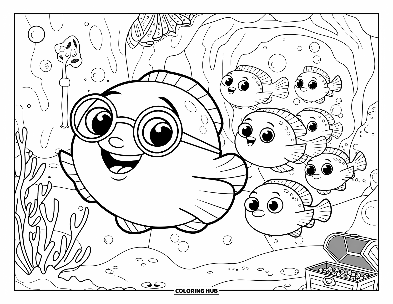 Kolorowanka Podwodny Świat dla dorosłych: Rozdymka z plecakiem prowadzi ryby obok koralowych jaskiń i skarbów