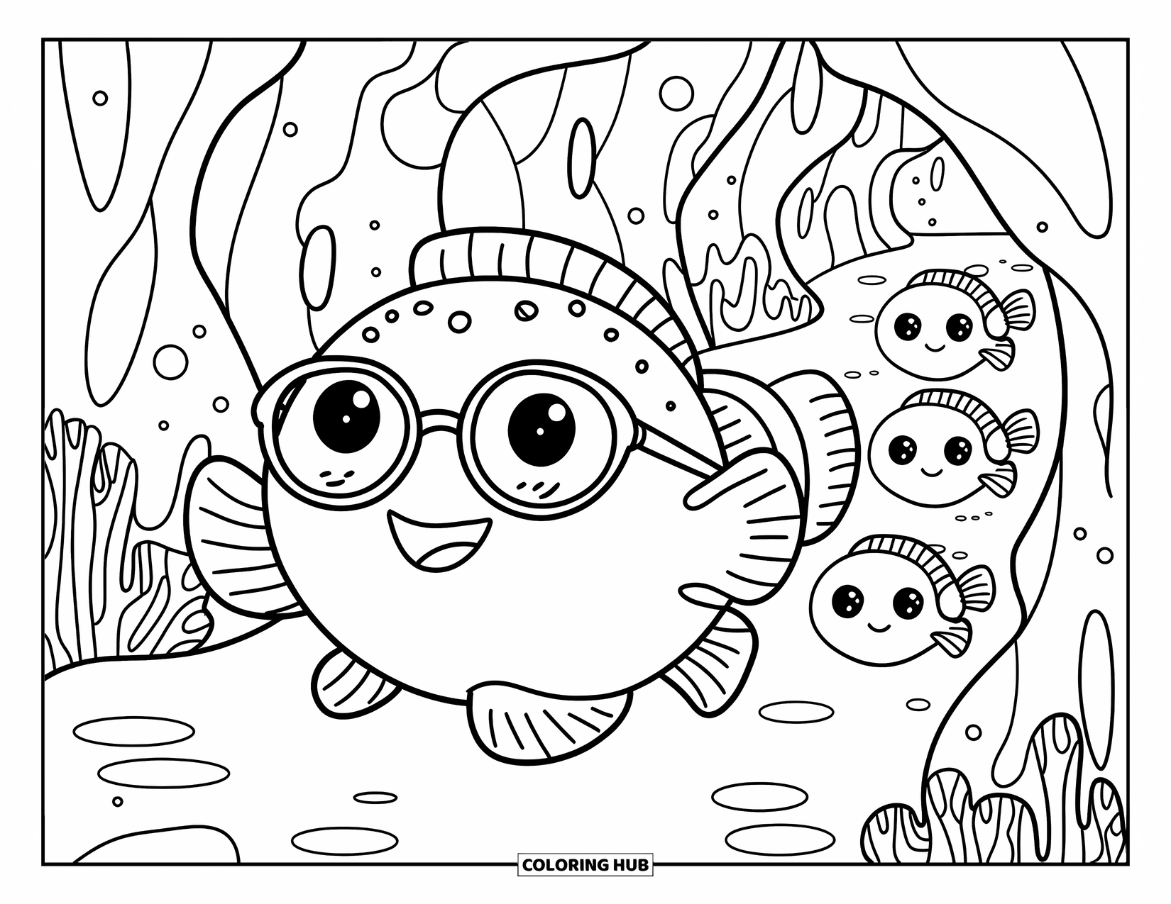 Kolorowanka Podwodny Świat dla dorosłych: Rozdymka w okularach prowadzi rybich przyjaciół na poszukiwanie skarbów obok koralowych jaskiń