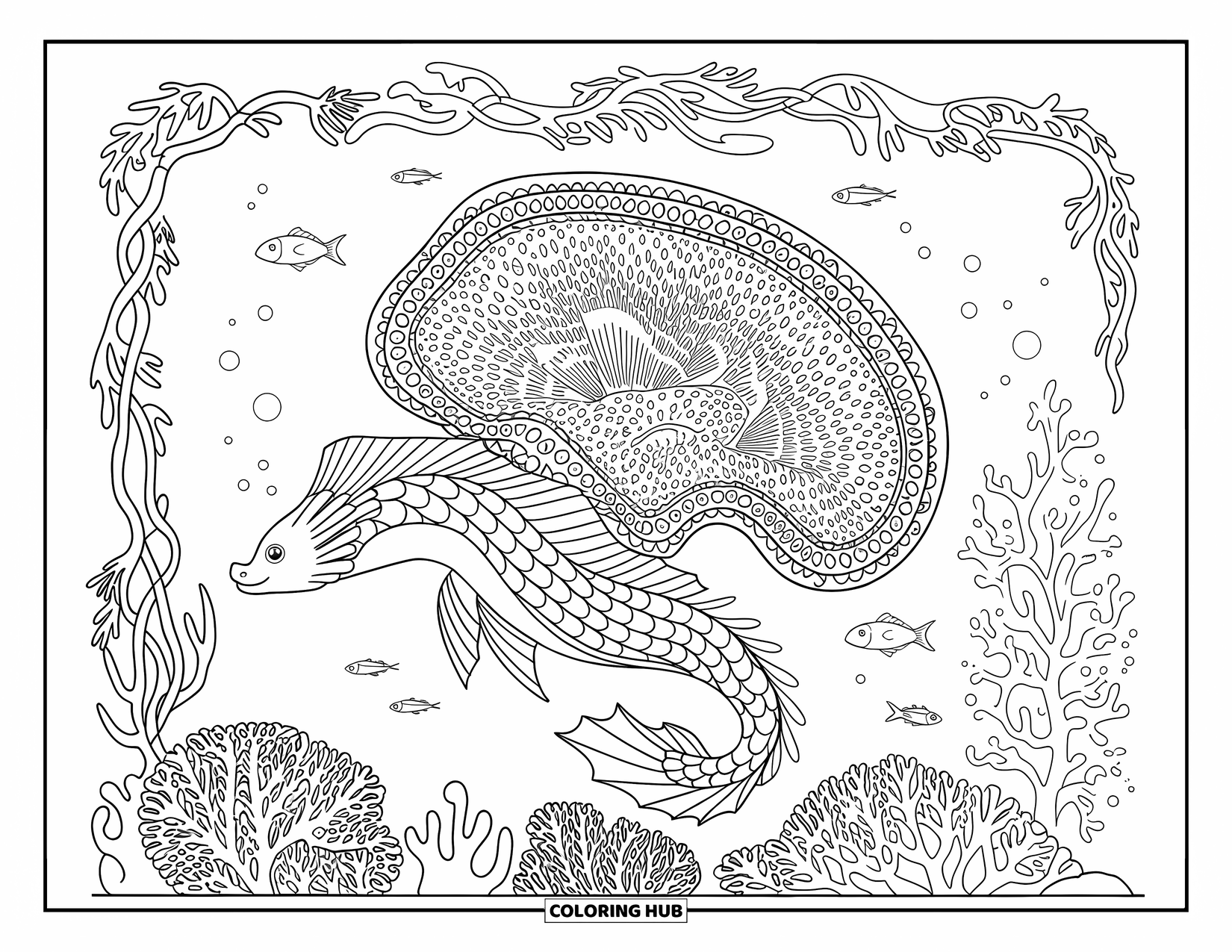 Kolorowanka Podwodny Świat dla dorosłych: Smok morski pływa w rafie koralowej z wirującymi wzorami i pobliskimi rybami