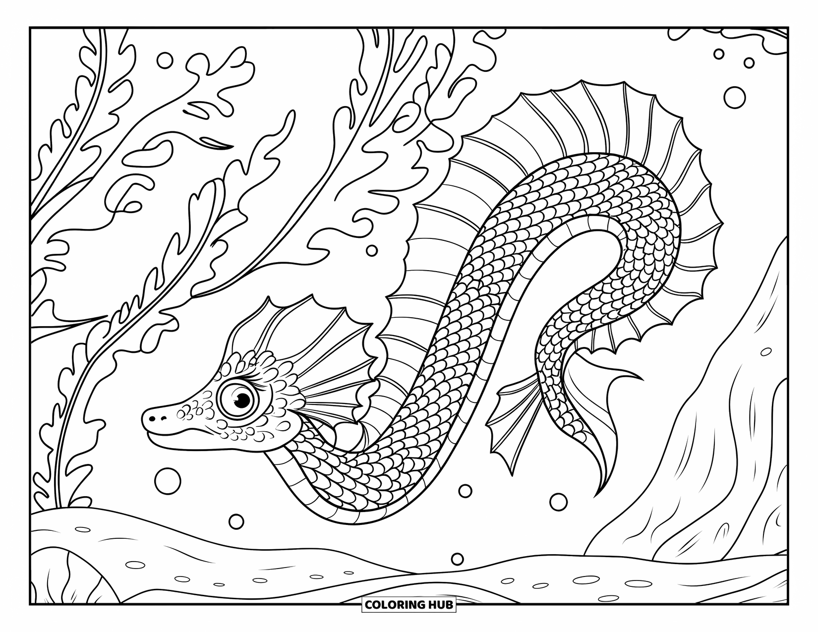 Kolorowanka Podwodny Świat dla dorosłych: Smok morski ze szczegółowymi łuskami ślizga się przez wodorosty i skaliste dna morskie