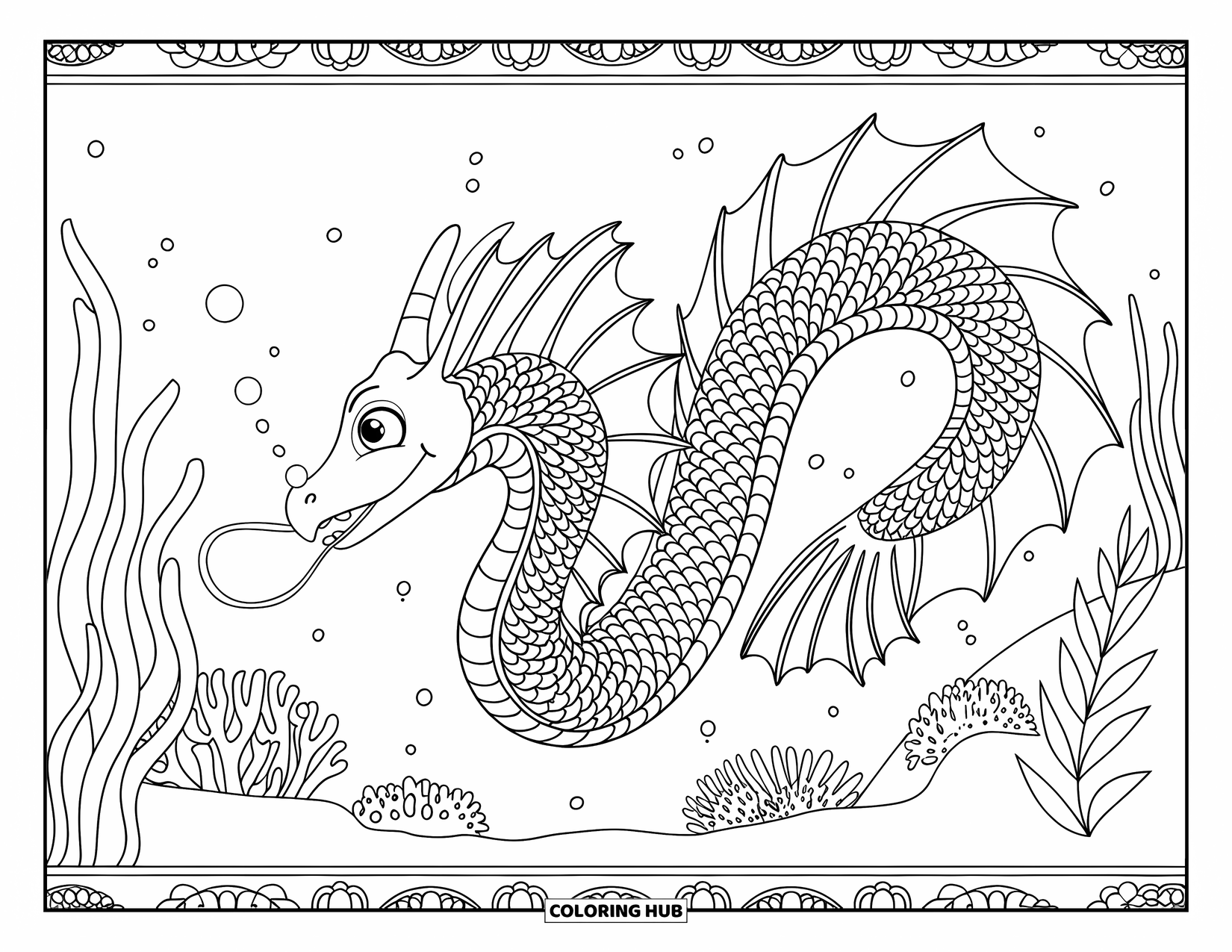 Kolorowanka Podwodny Świat dla dorosłych: Smok morski z misternymi łuskami pływa wśród miękkich koralowców i ukwiałów morskich