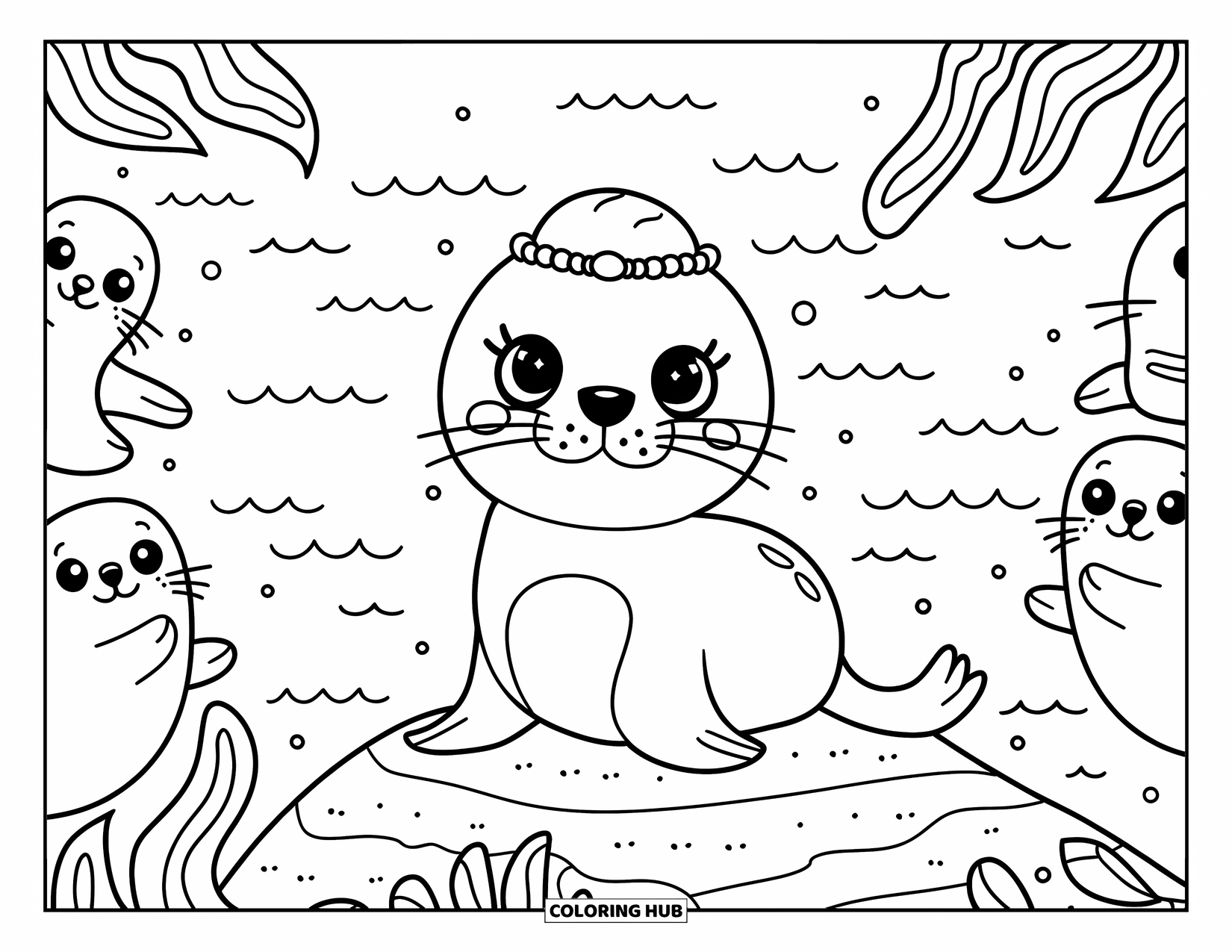 Kolorowanka Podwodny Świat dla dorosłych: Lew morski z perłową koroną pozuje na skale z klaszczącymi fokami