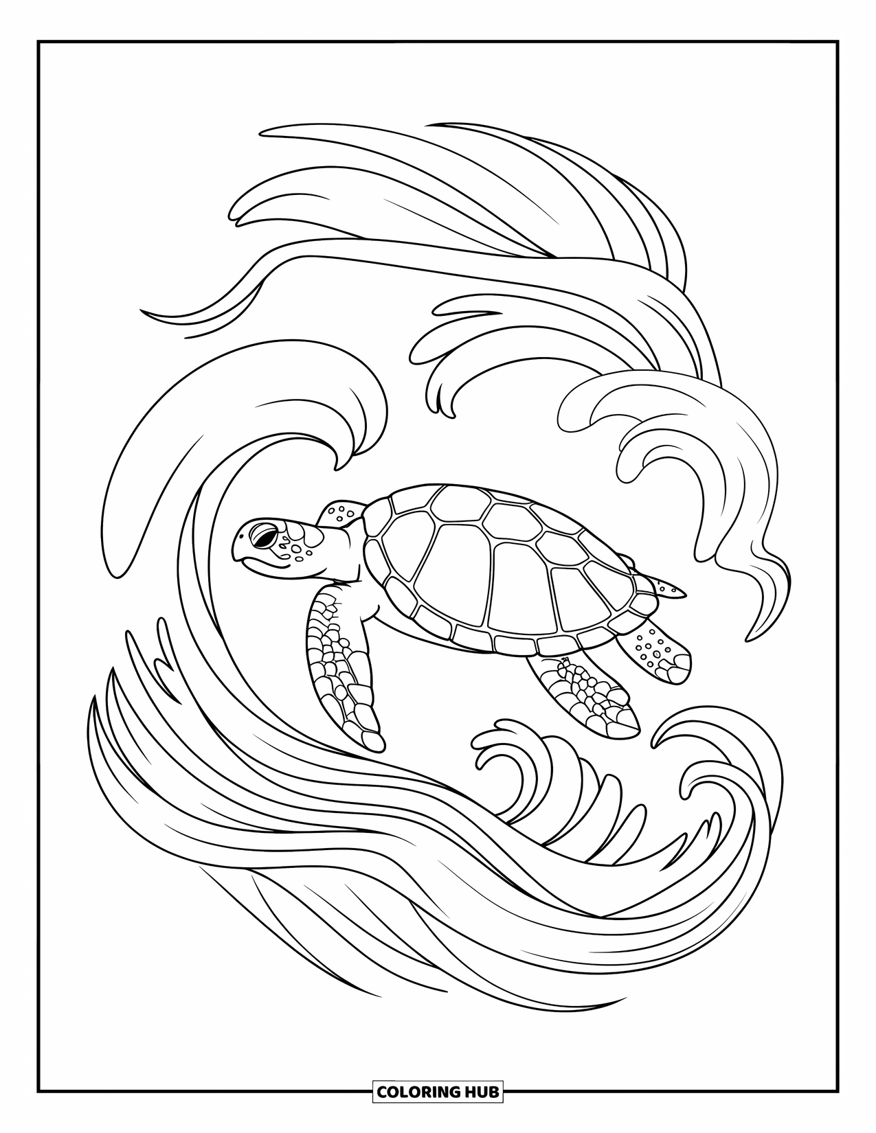Kolorowanka Podwodny Świat dla dorosłych: Żółw morski otoczony wirującymi falami i krzywiznami