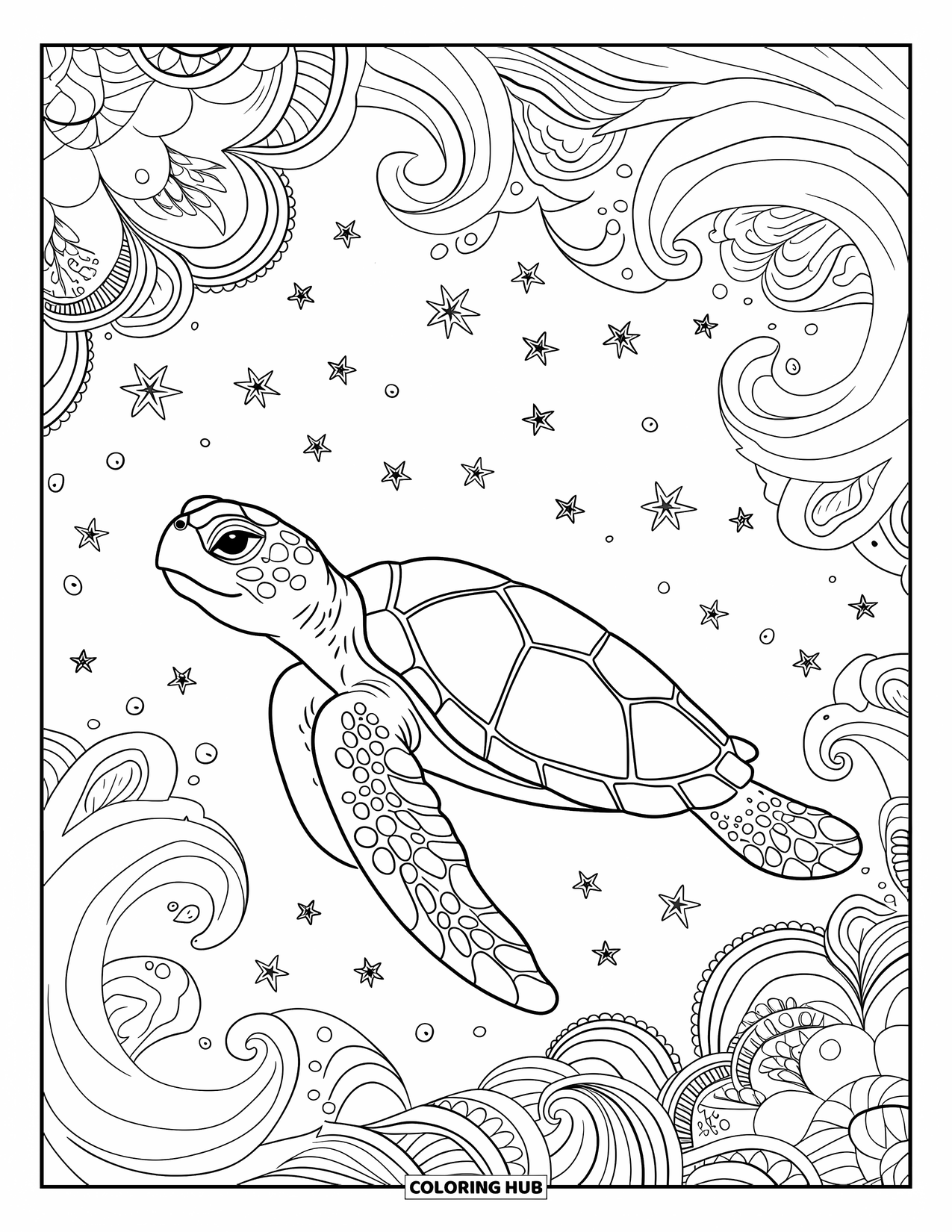 Kolorowanka Podwodny Świat dla dorosłych: Żółw morski pływający wśród fal i kwiatowych wzorów